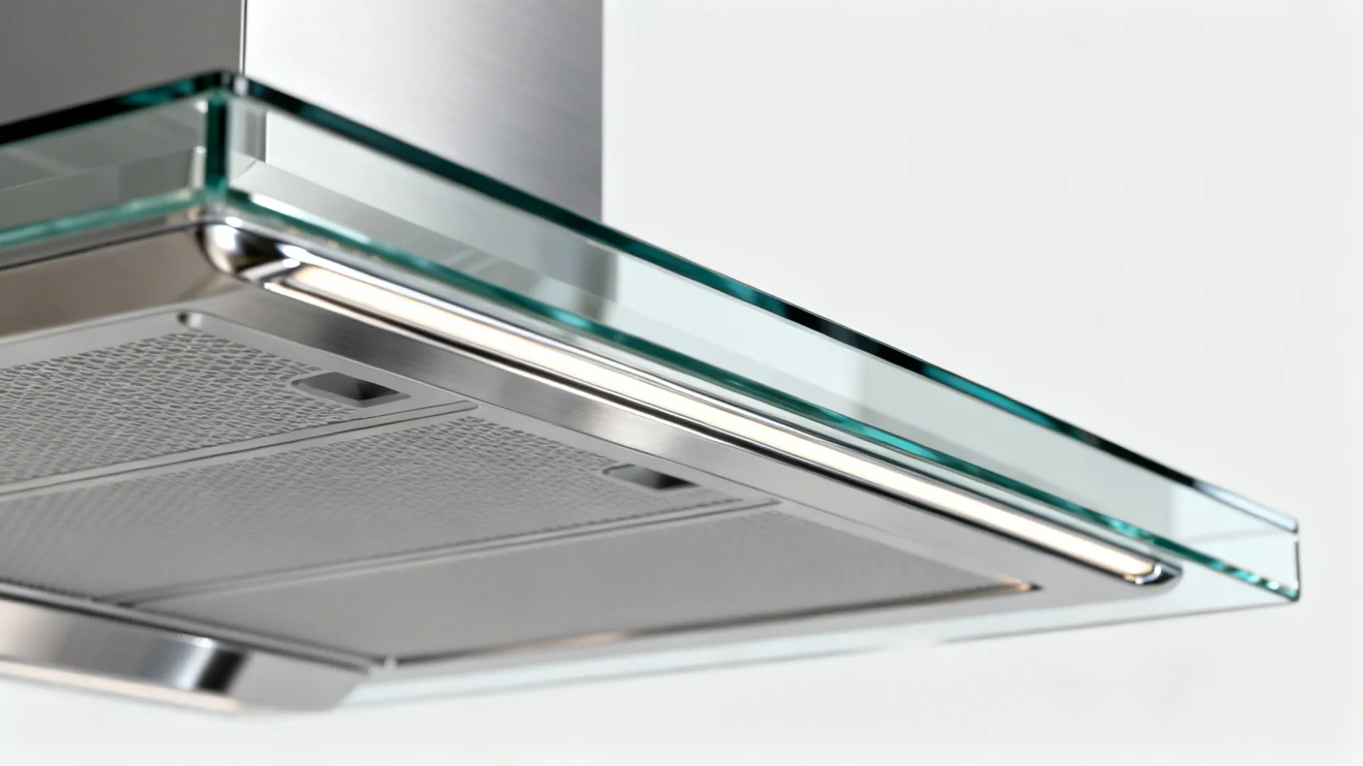 Close-up of a glass canopy hood showing the perimeter suction slot and LED light.
