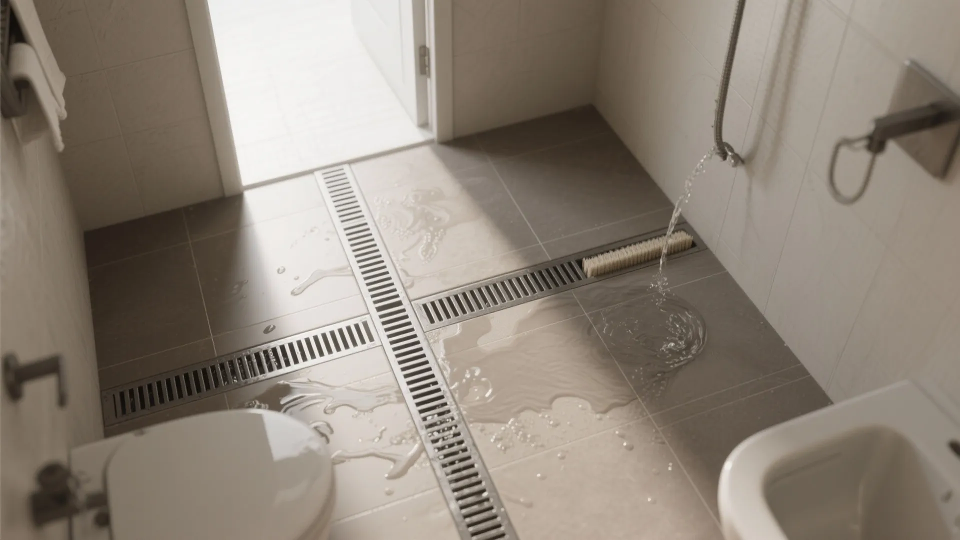 Bathroom floor drainage system showing water flowing into metal grates near toilet and open door