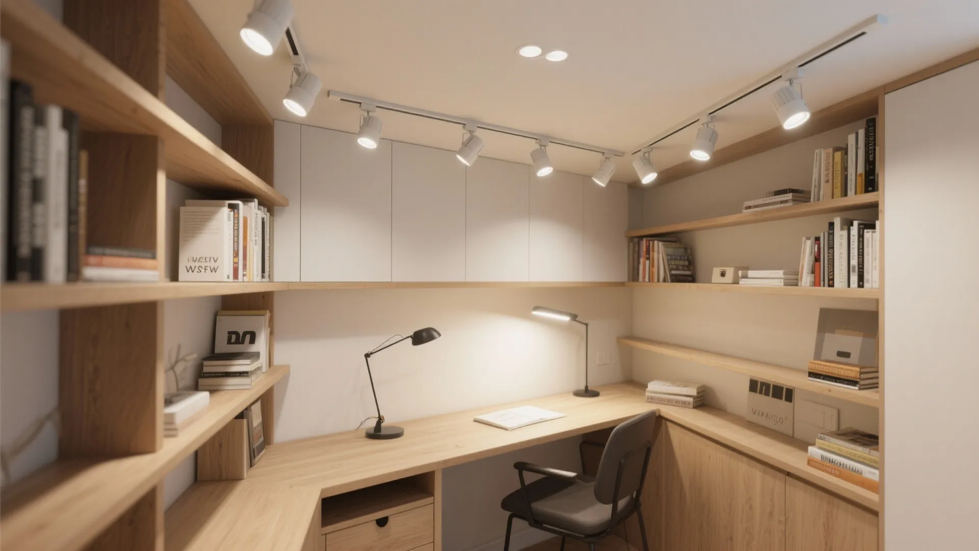 Perimeter track lighting with adjustable heads illuminates both shelves and desk areas.