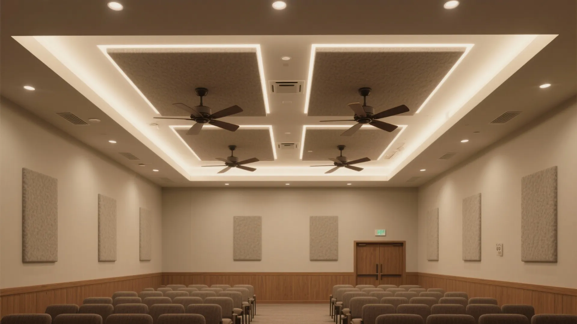 Large meeting room with rows of chairs four ceiling fans wall panels and recessed lighting