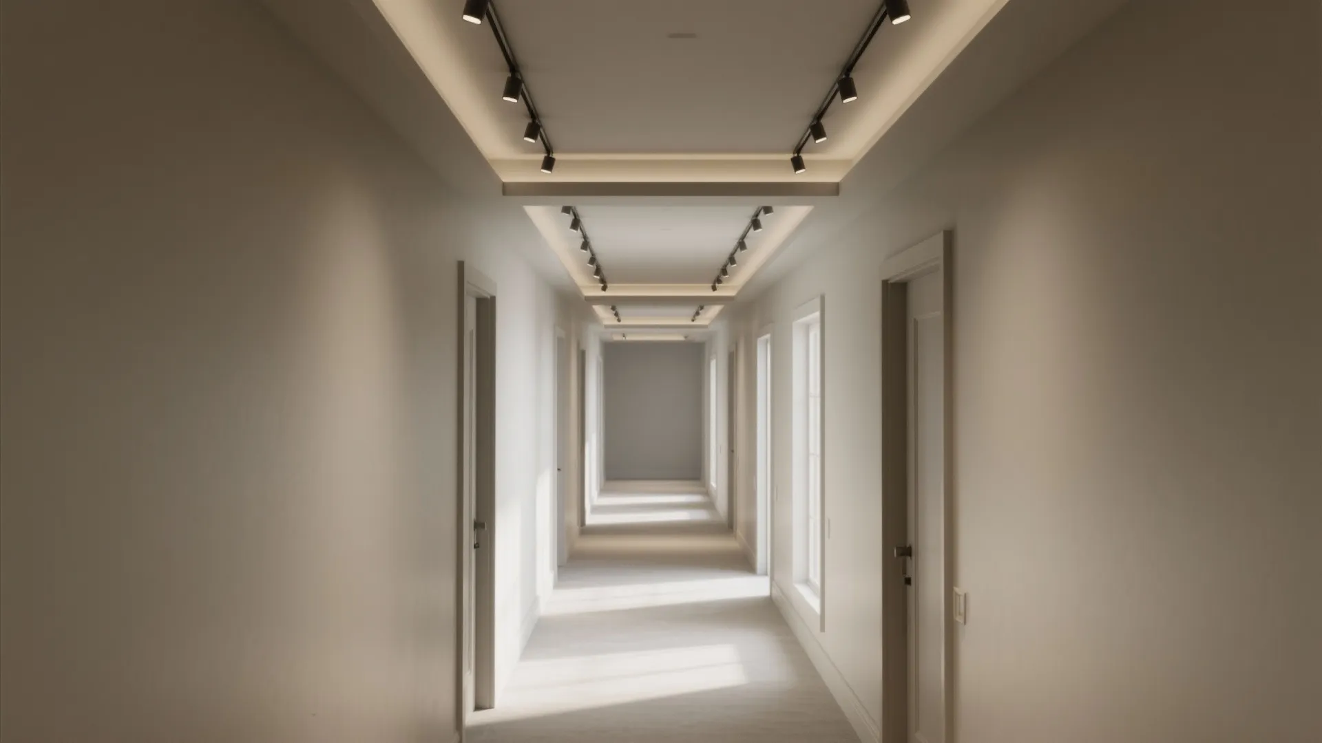 Long white hallway featuring rows of black track ceiling lights and several white wooden doors