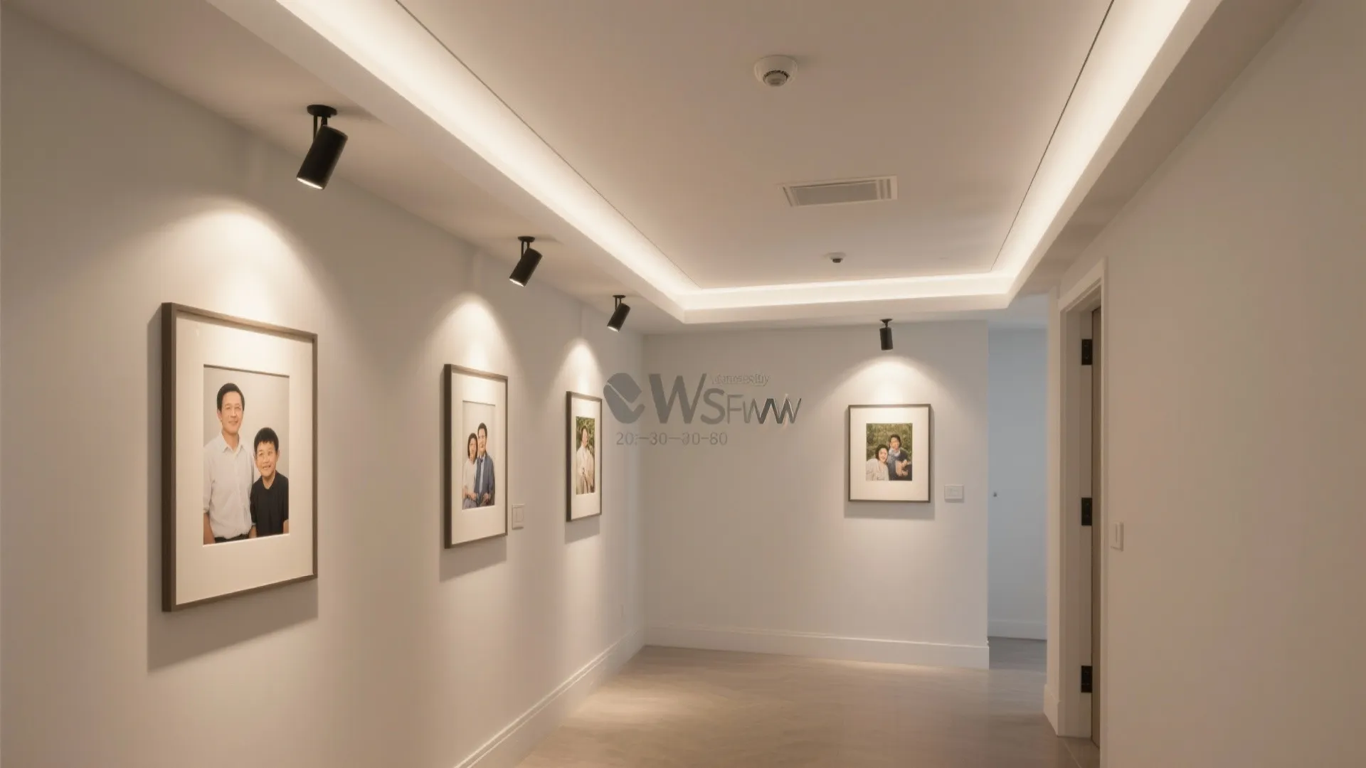 Hall with shallow tray ceiling and wall-wash spotlights highlighting framed art.