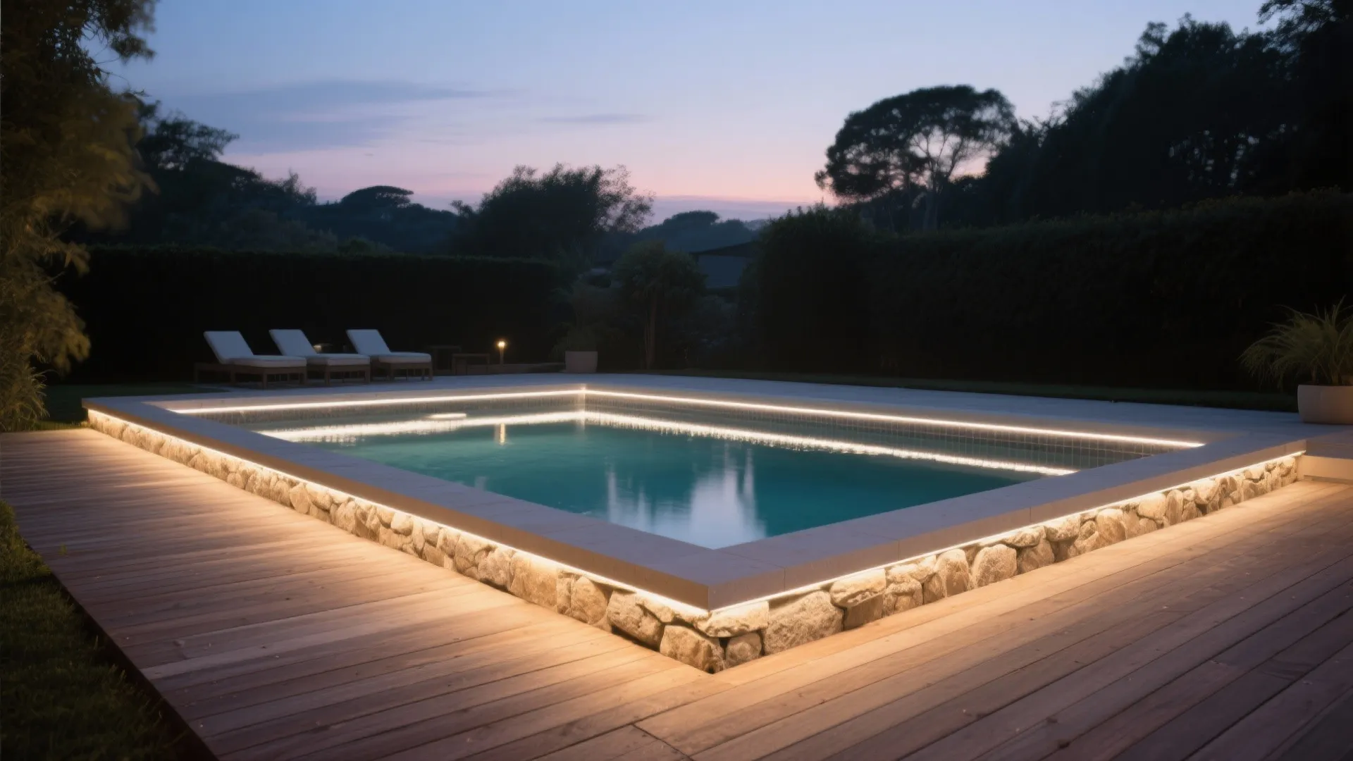 Dusk scene showing LED strip under stone coping creating a floating halo around a compact pool.