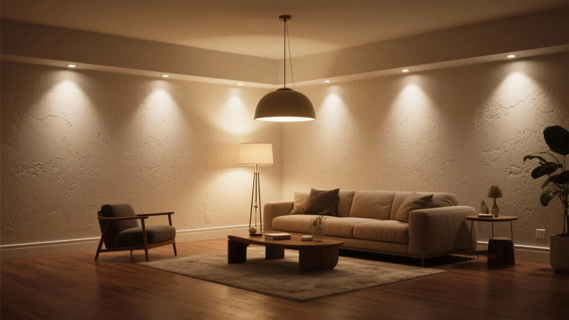 Cozy living room with wall light effects, beige sofa, floor lamp, and wooden coffee table
