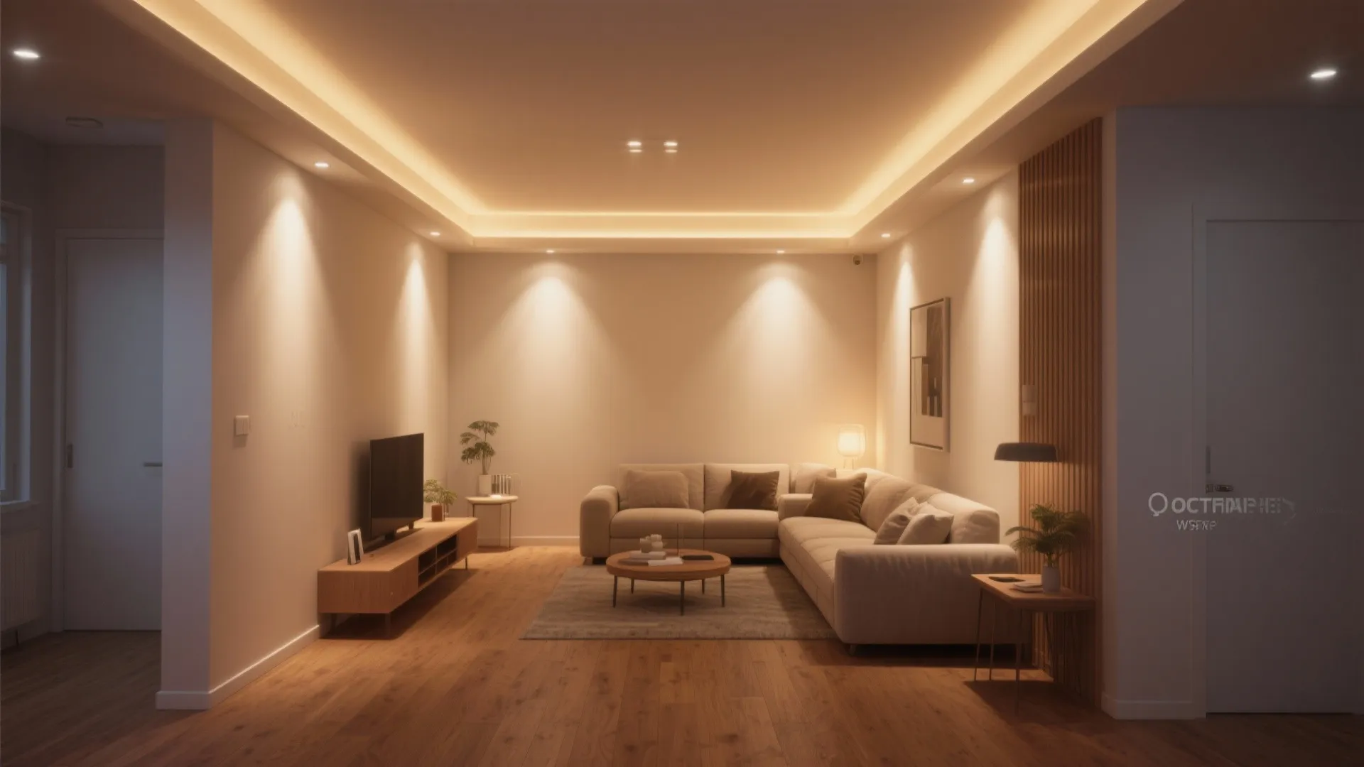Modern living room with warm lighting beige sofa wooden floor small coffee table and television