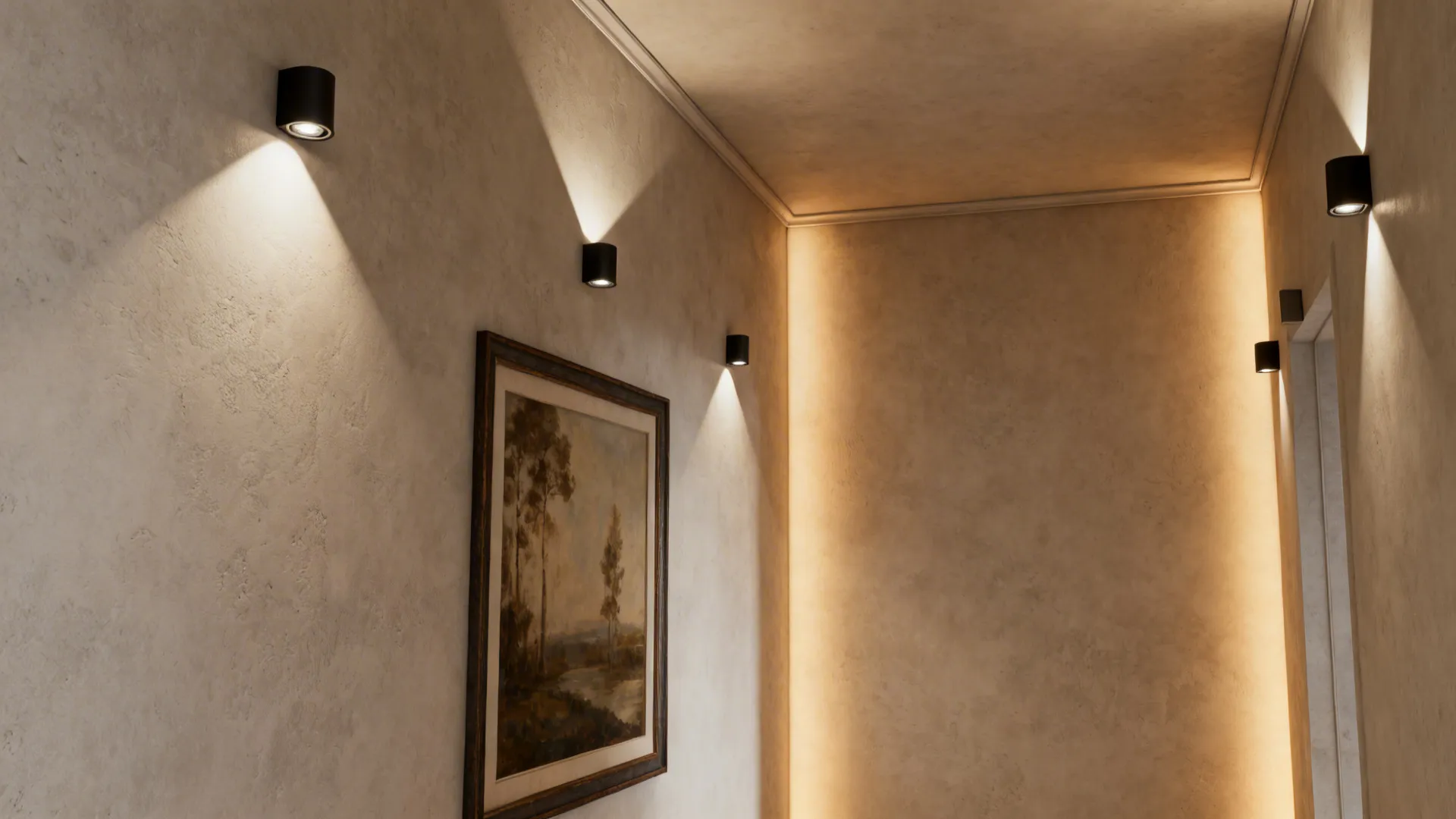 Narrow living room with recessed perimeter wash lighting highlighting artwork and pushing walls outward.