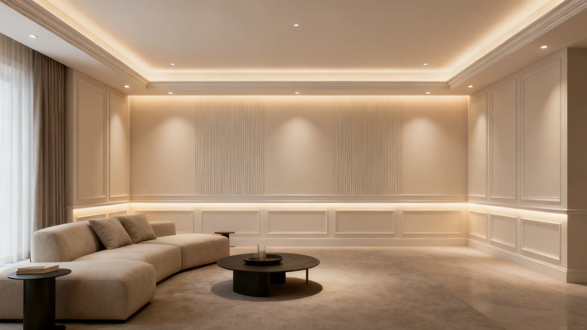Minimalist living room featuring wall panels warm hidden ceiling light beige sofa and round coffee table
