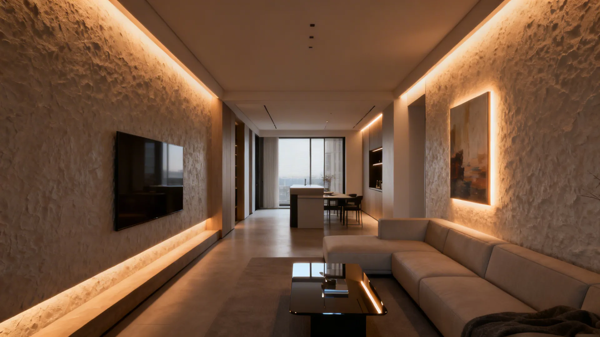 Narrow living room with recessed perimeter lights washing textured walls to visually widen the space.