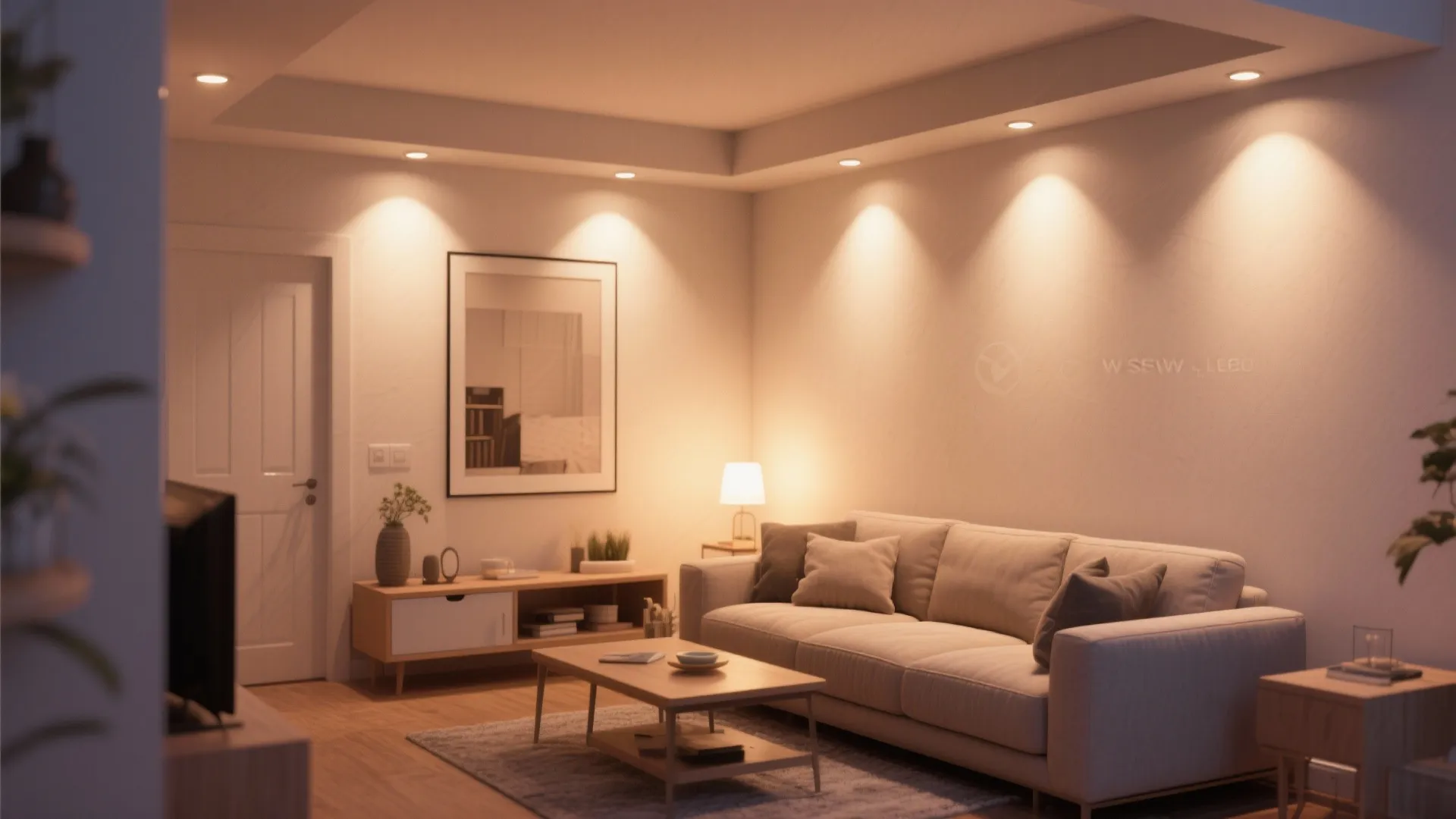 Modern living room with beige sofa wood coffee table warm wall lights and framed wall art