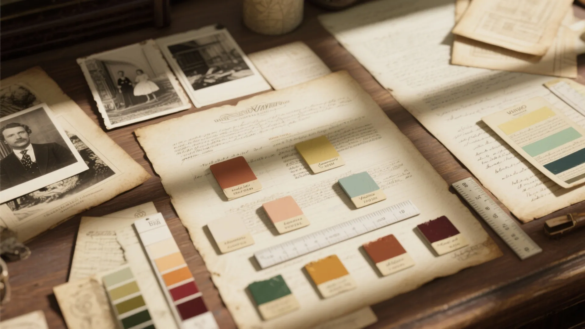 Vintage photos and color swatches placed on old paper documents over a dark wood desk