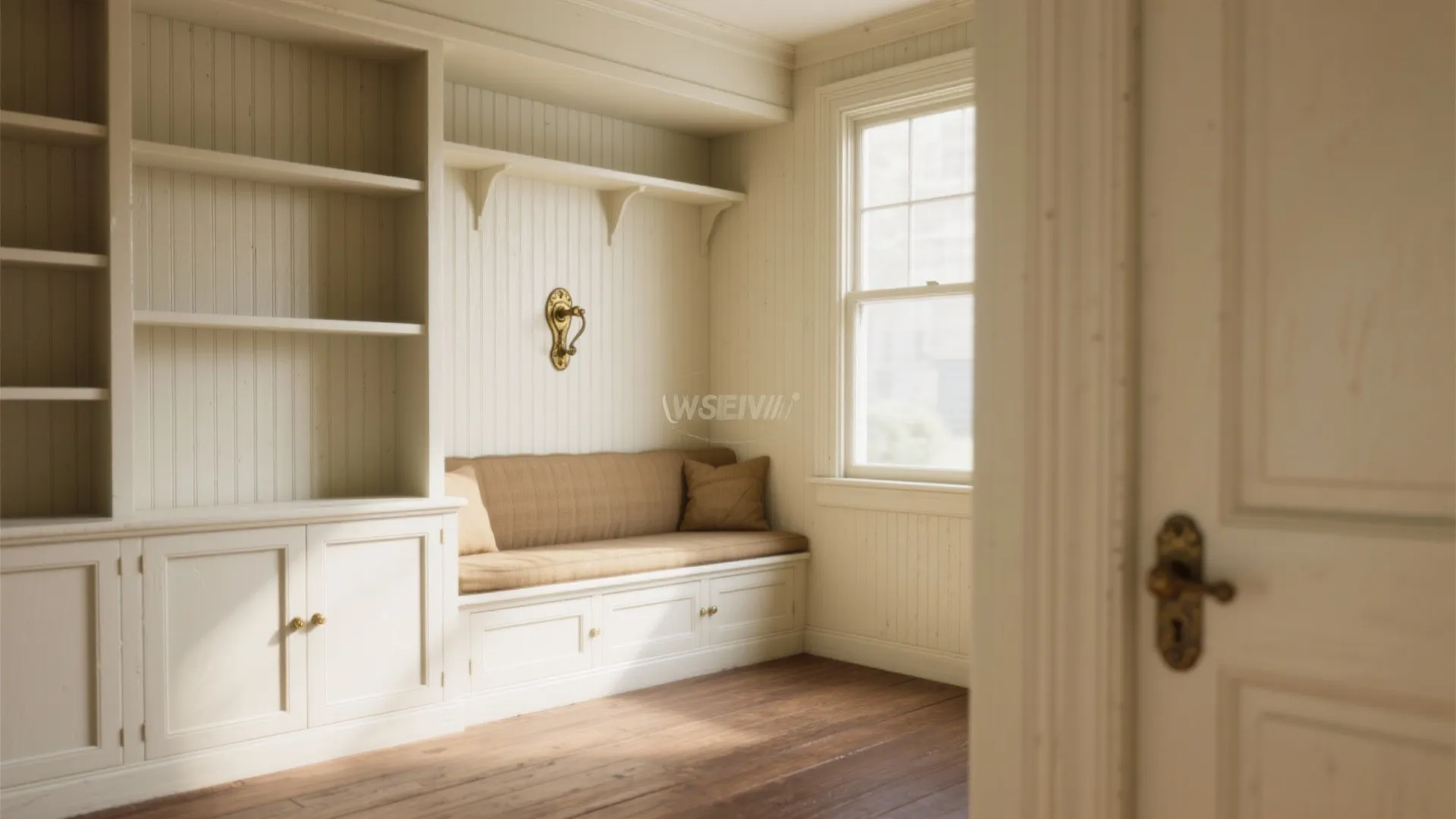 White built-in shelving and bench seat near a window with wooden floor and wall light