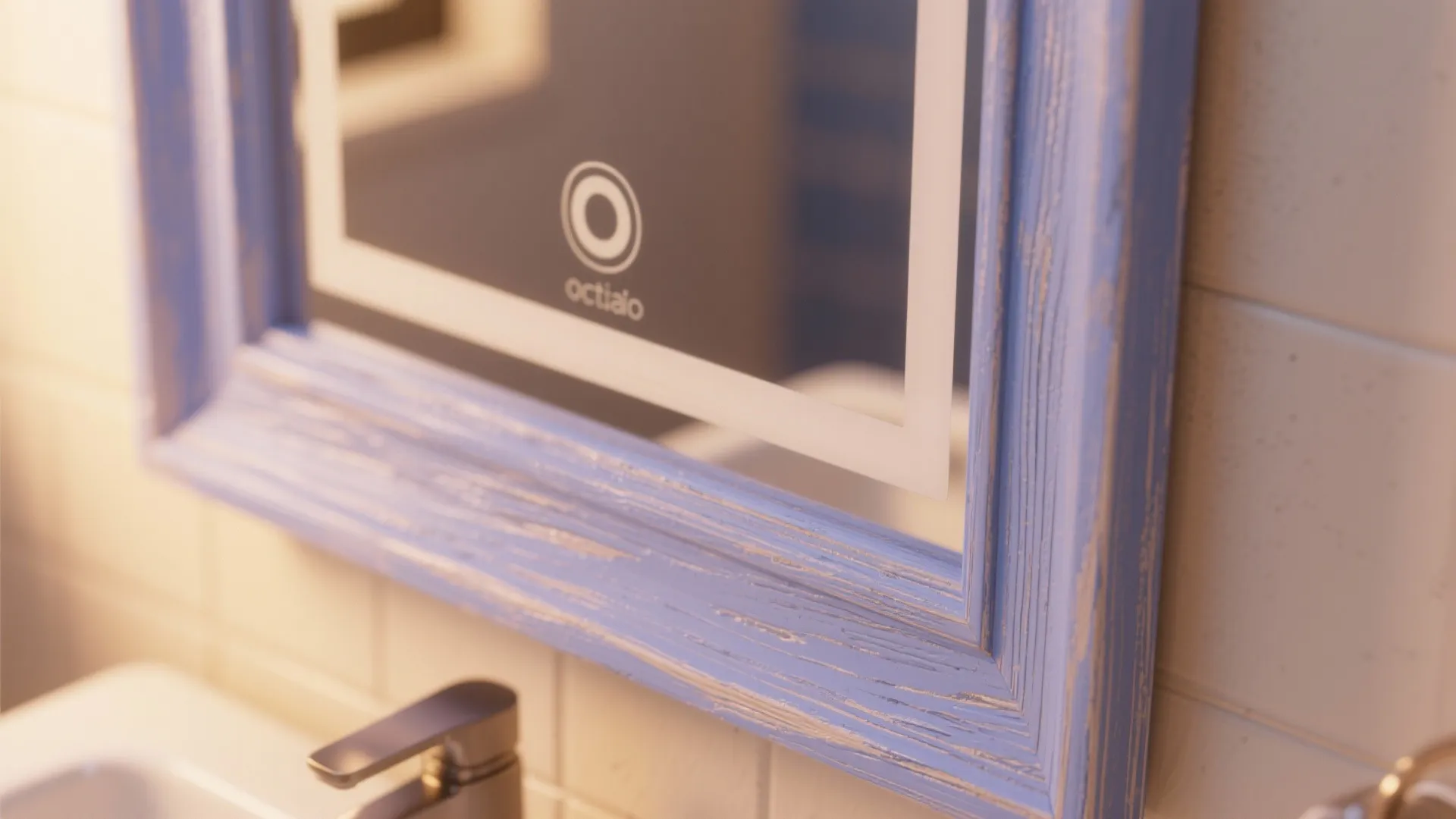 Bathroom mirror with periwinkle-painted frame reflecting light