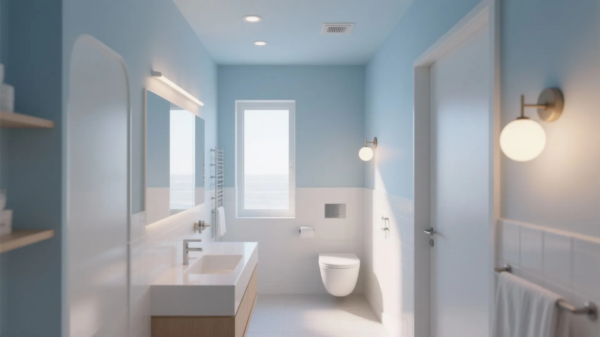 Small bathroom with ceiling painted periwinkle to add height