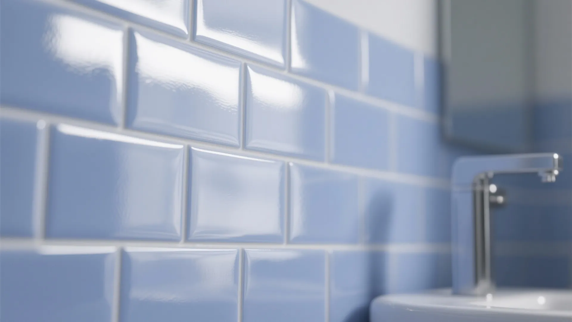Glossy periwinkle subway tiles reflecting light in a bathroom