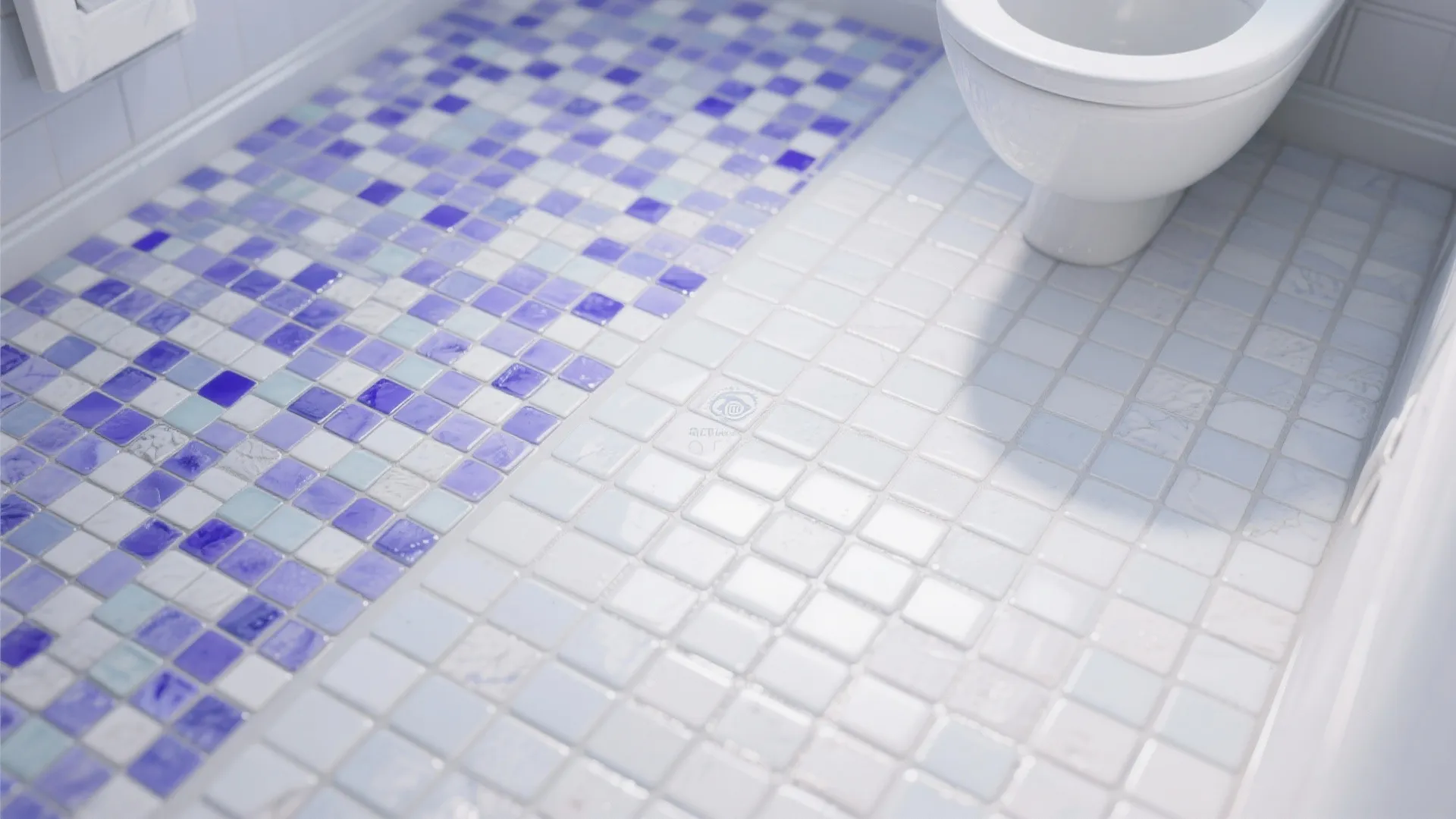 Mixed periwinkle and white mosaic floor tiles for a bathroom