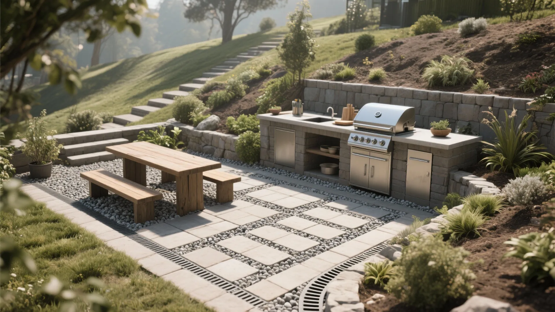Outdoor kitchen with a grill stone cabinets wooden dining table and square stone floor pavers