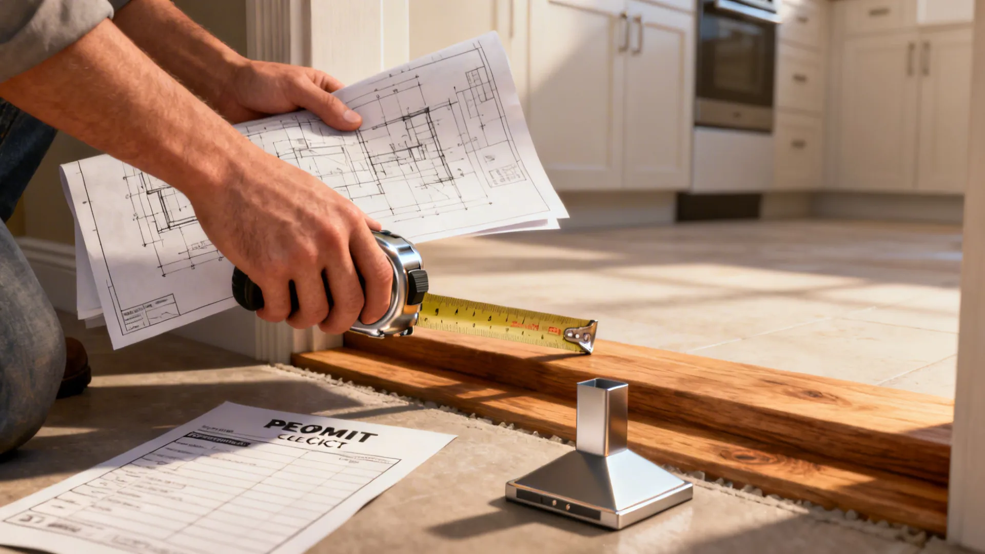 Contractor reviewing engineering drawings and permit checklist at the kitchen threshold.