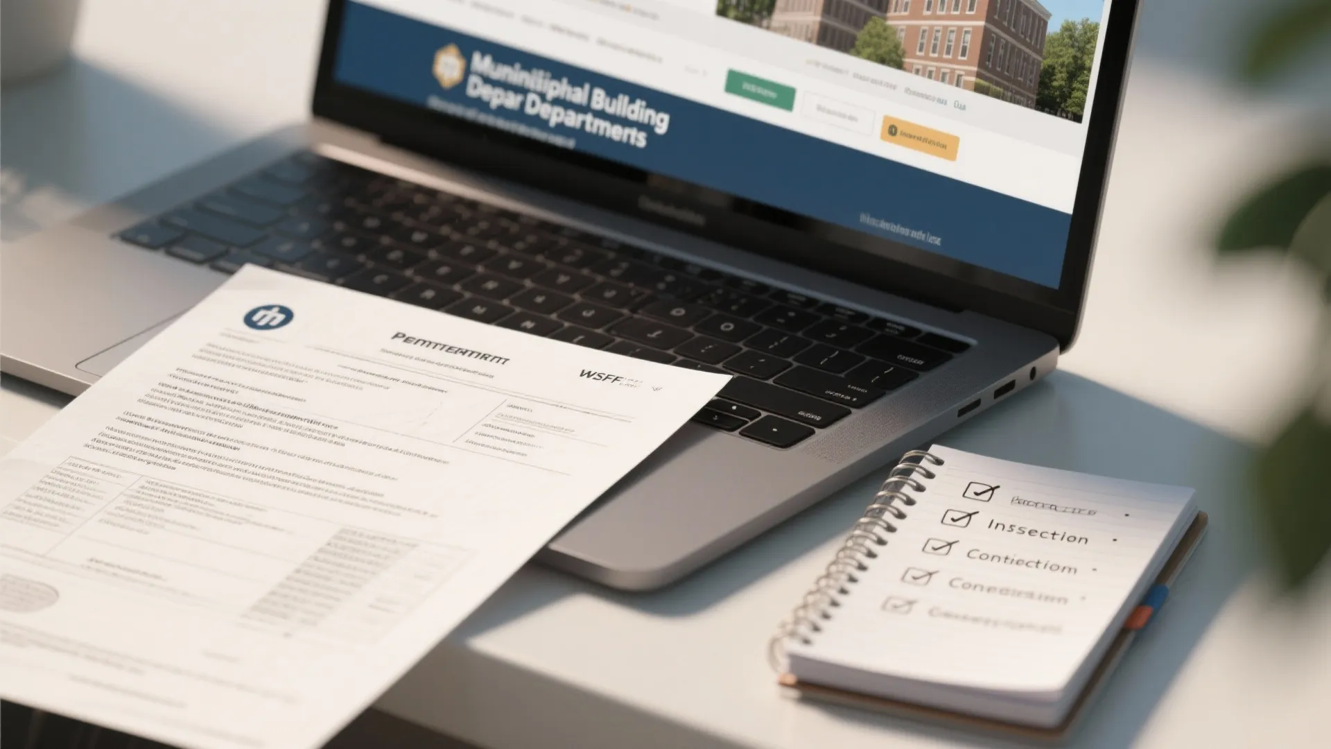 Laptop on desk with building permit documents and a spiral notebook showing a project checklist