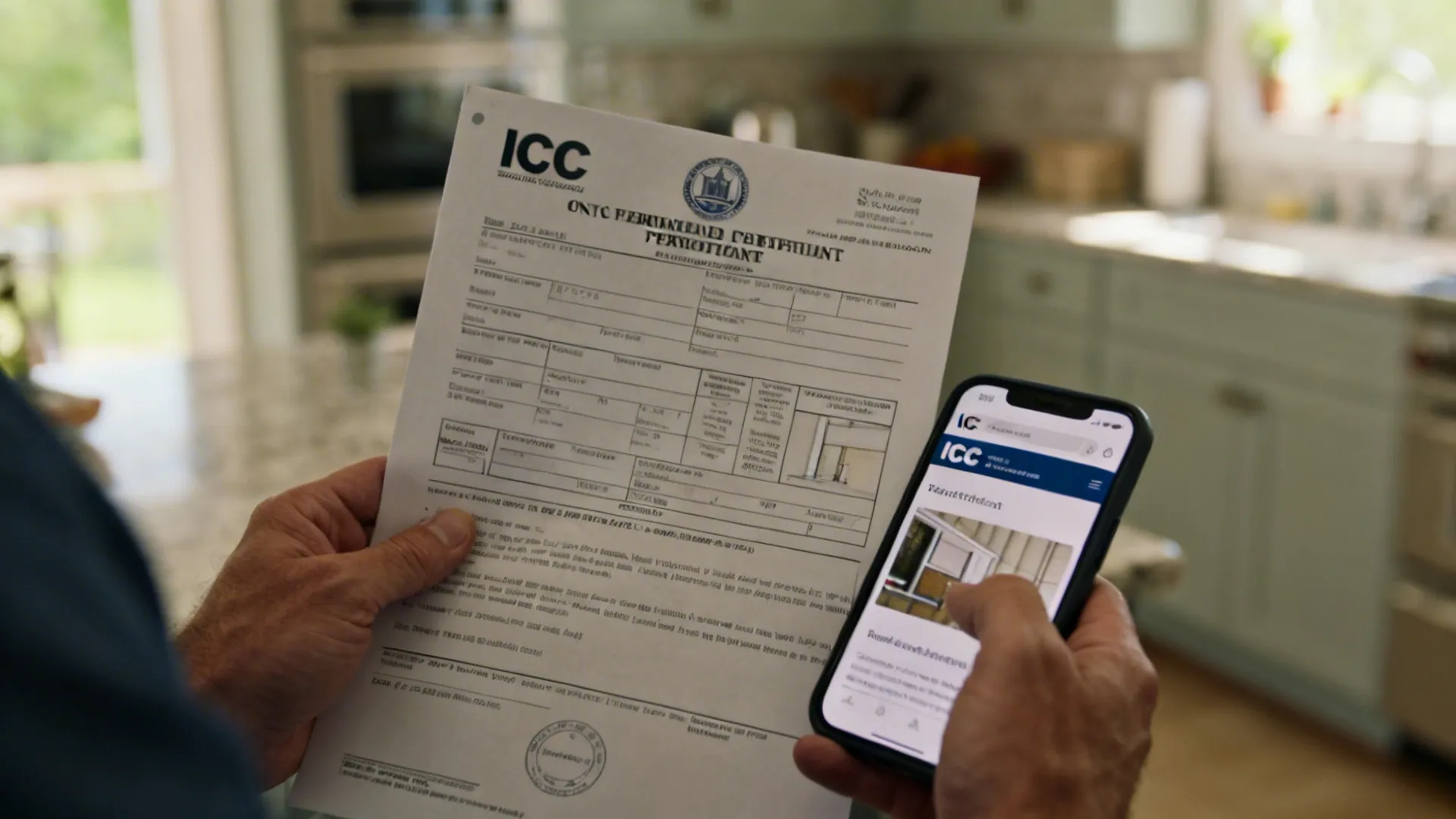 Hands holding a permit document and a phone showing building code guidance in a kitchen