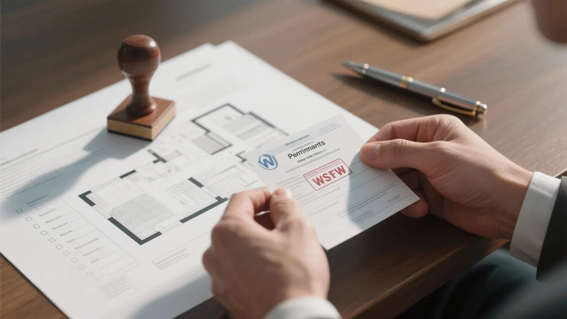 Hands holding a renovation permit paper over an interior design drawing with a wooden stamp