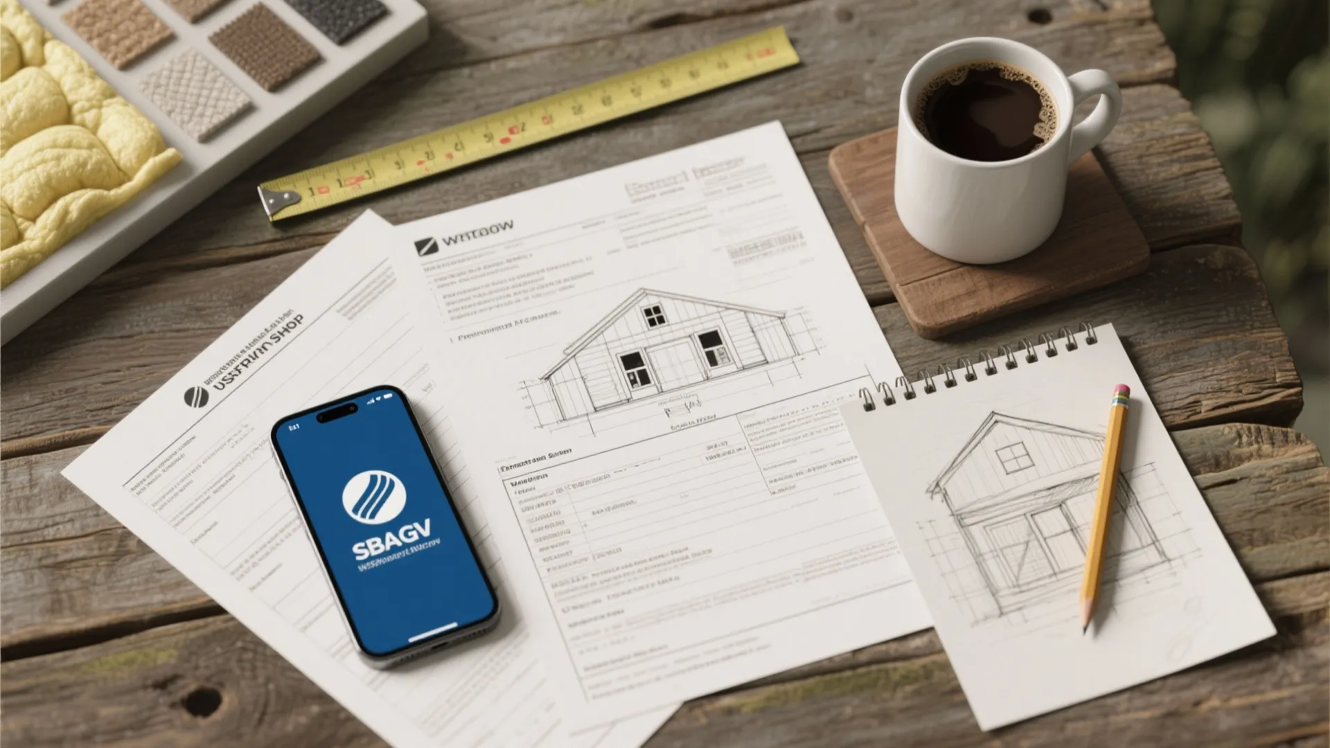 Flatlay of house building plans, smartphone, coffee cup, ruler, and sketches on a rustic wooden table