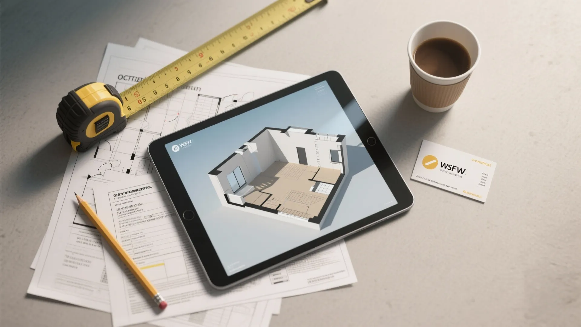 Tablet displaying a 3D room floor plan design with a tape measure and coffee cup
