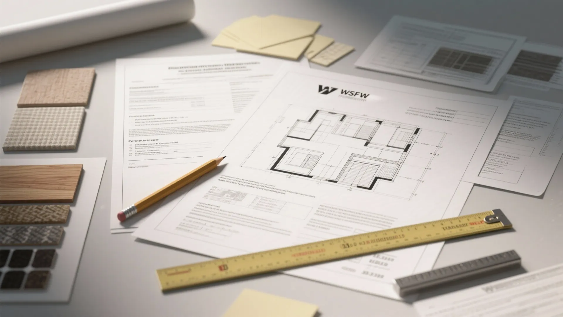 Flatlay of floor plans, permit paperwork, material samples and measuring tools for planning a master addition.