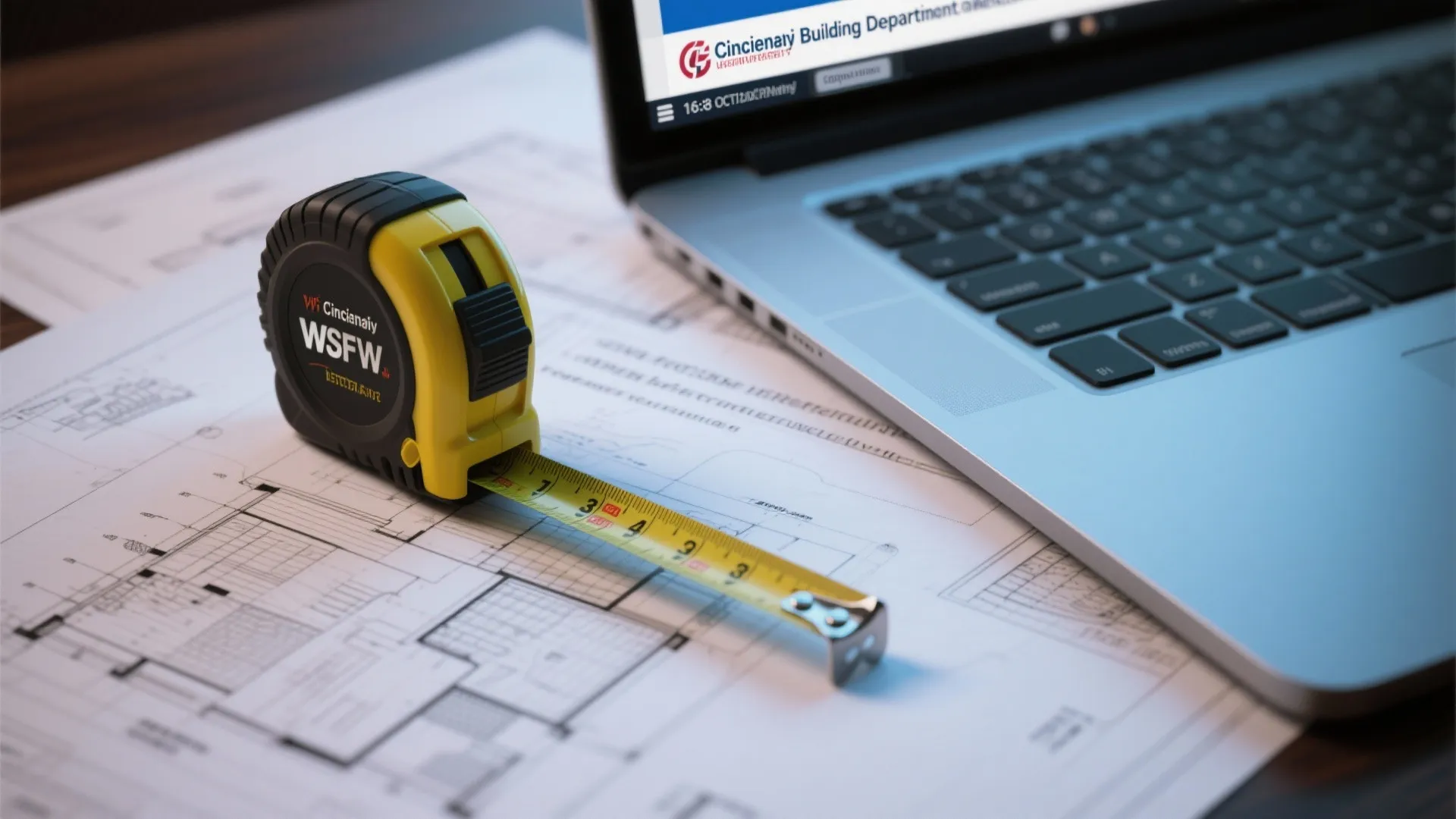 Close-up of plans, measuring tape, and a laptop showing Cincinnati building permit information.