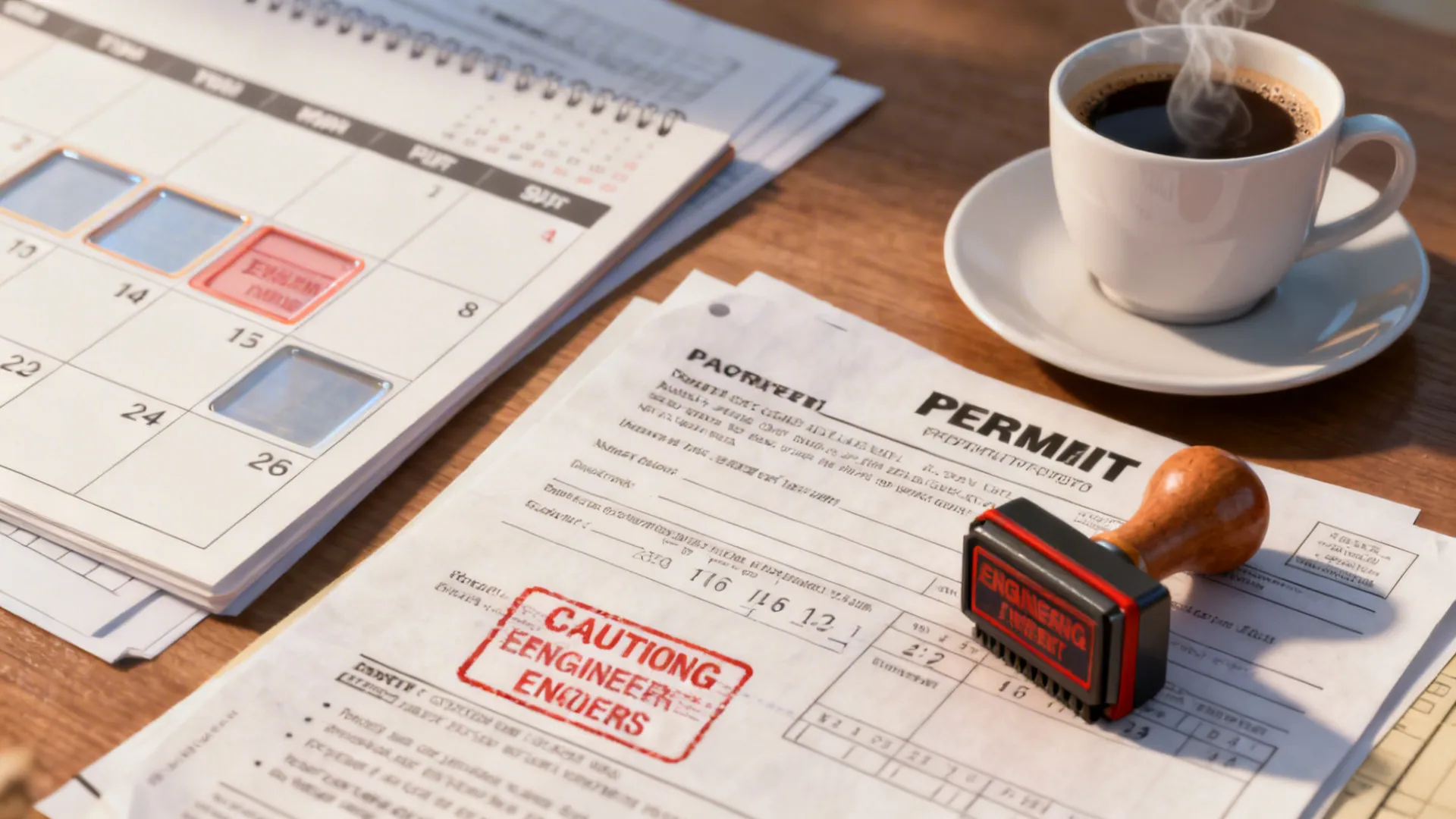Home renovation permit document with red stamps placed beside a calendar and hot coffee cup