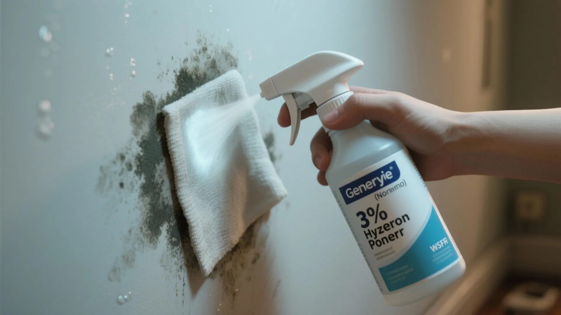 Hand holding a spray bottle and applying cleaning liquid to a mold spot on wall
