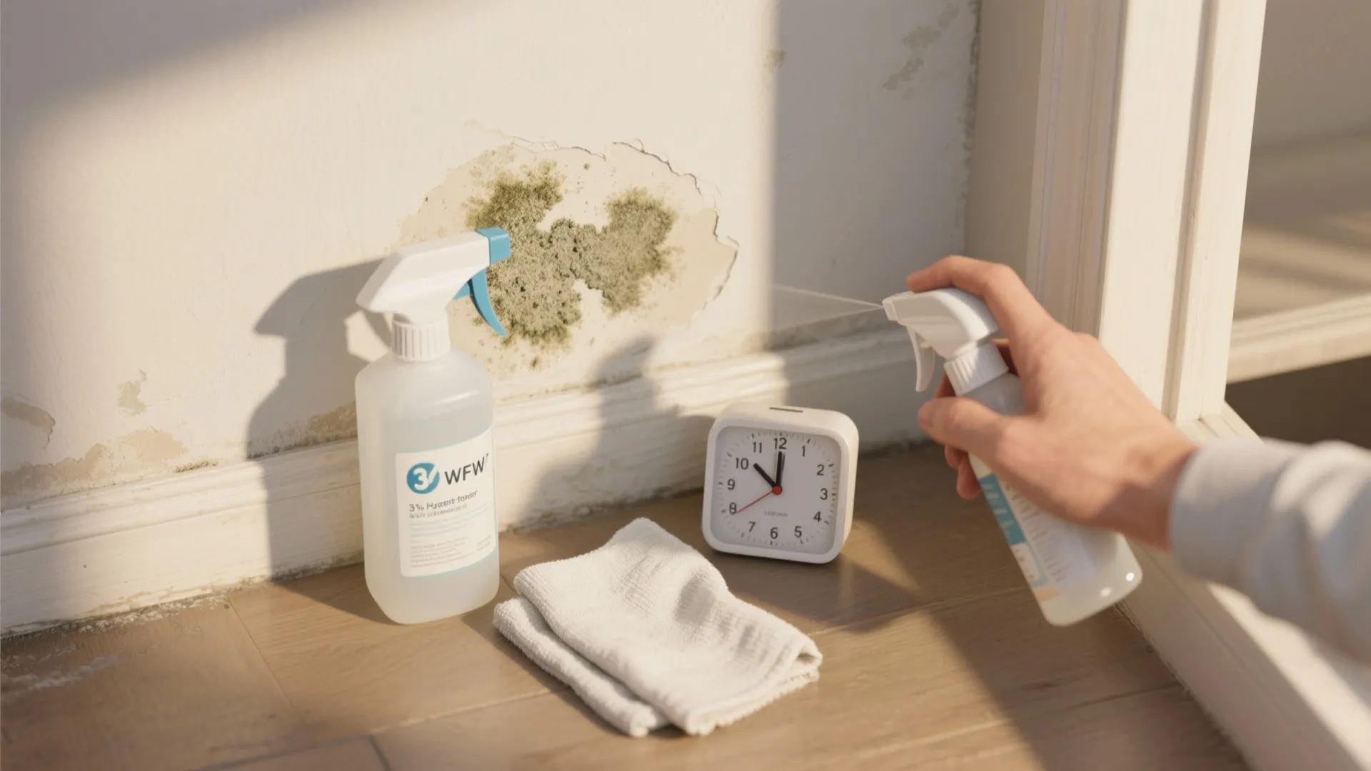 Top-down sequence showing an unlabeled hydrogen peroxide spray bottle, a timer, and a cloth used to treat a small mould spot on painted wall.