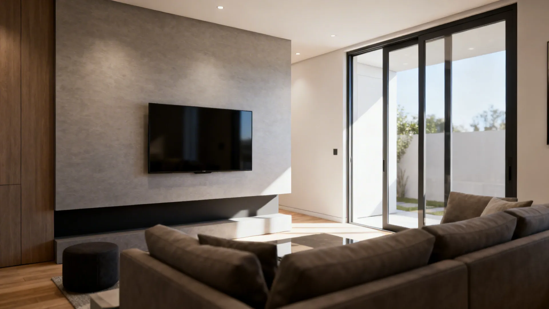 Modern living room with wall mounted television on grey panel plus large sliding glass balcony doors