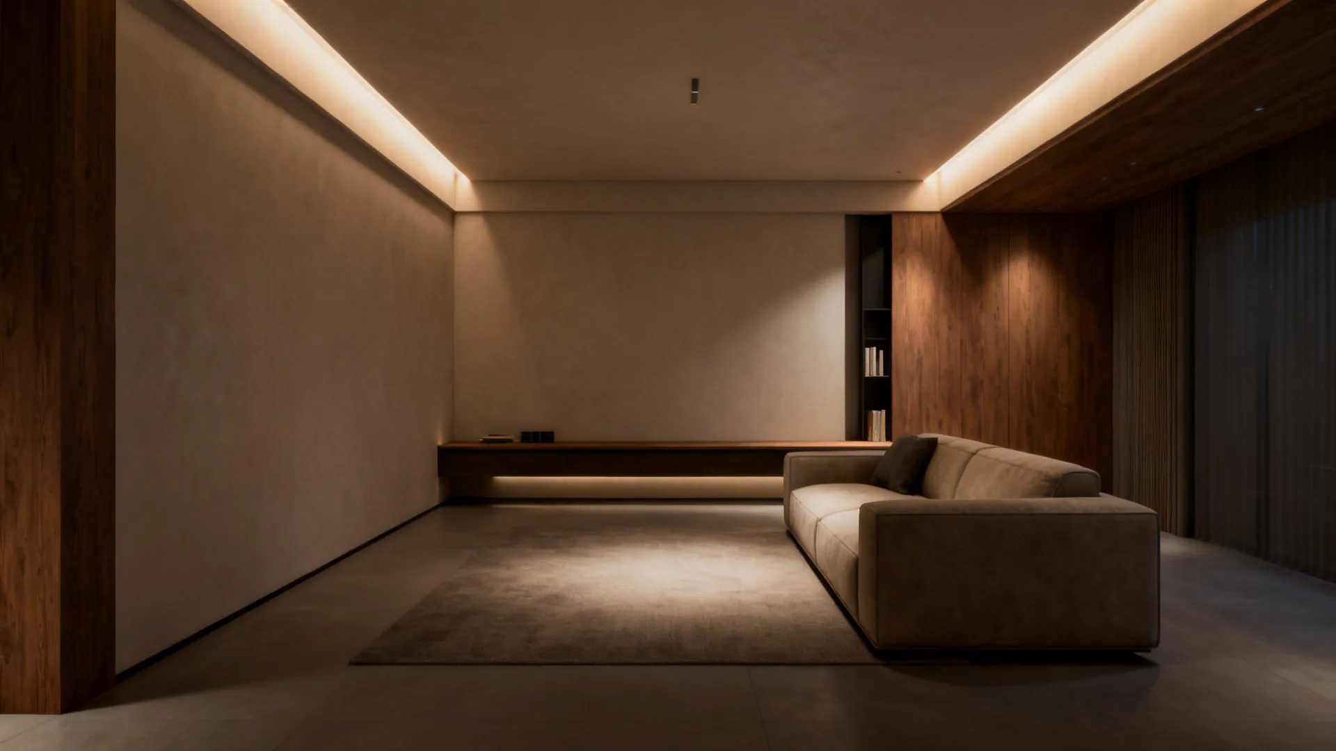 Sofa placed perpendicular to the long wall with a narrow console behind, making the room feel intimate.