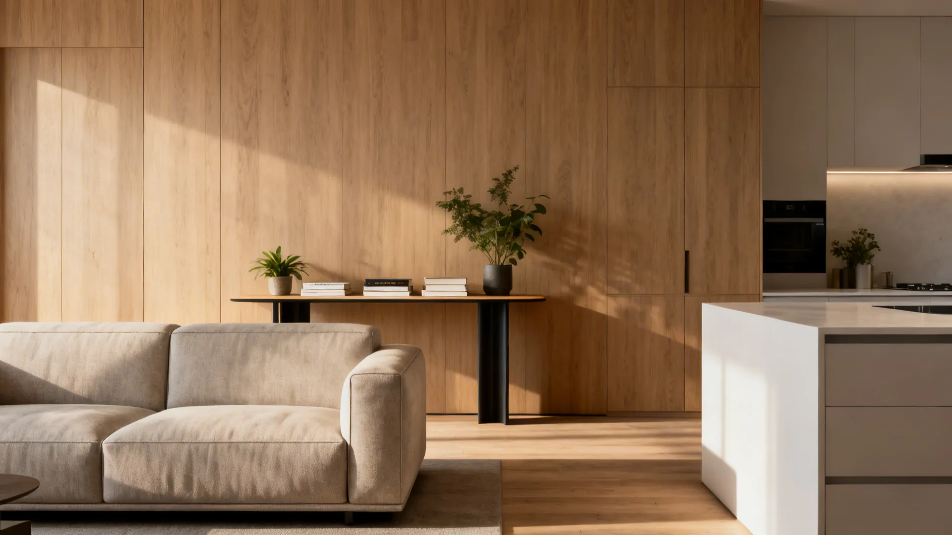 Sofa placed perpendicular to a kitchen island with a slim console behind it creating a subtle divider.