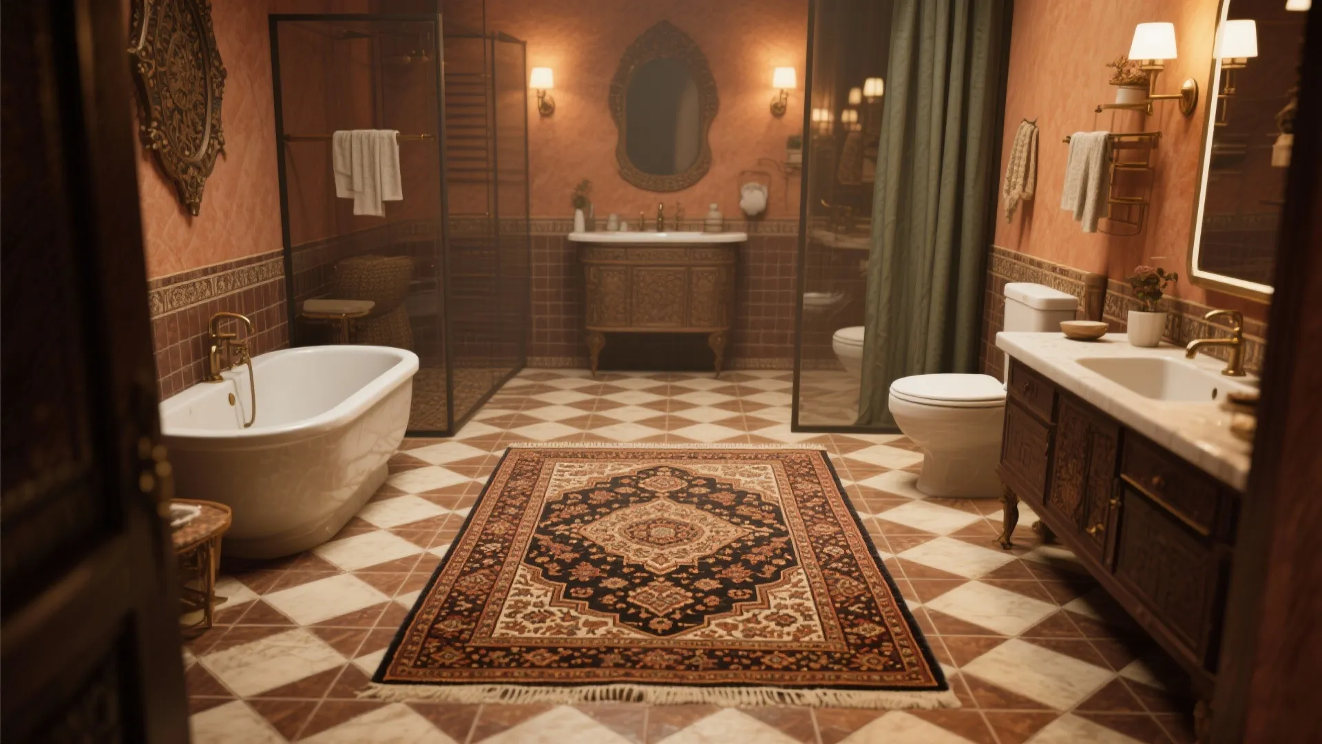 Luxury vintage bathroom with pattern rug, white bathtub, wooden cabinet, wall light and tiled floor
