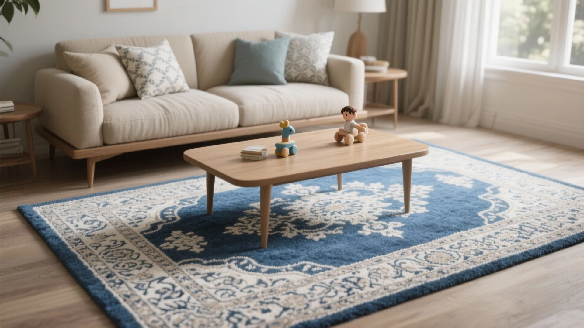 Bright living room featuring beige sofa blue patterned rug wooden coffee table and small toys