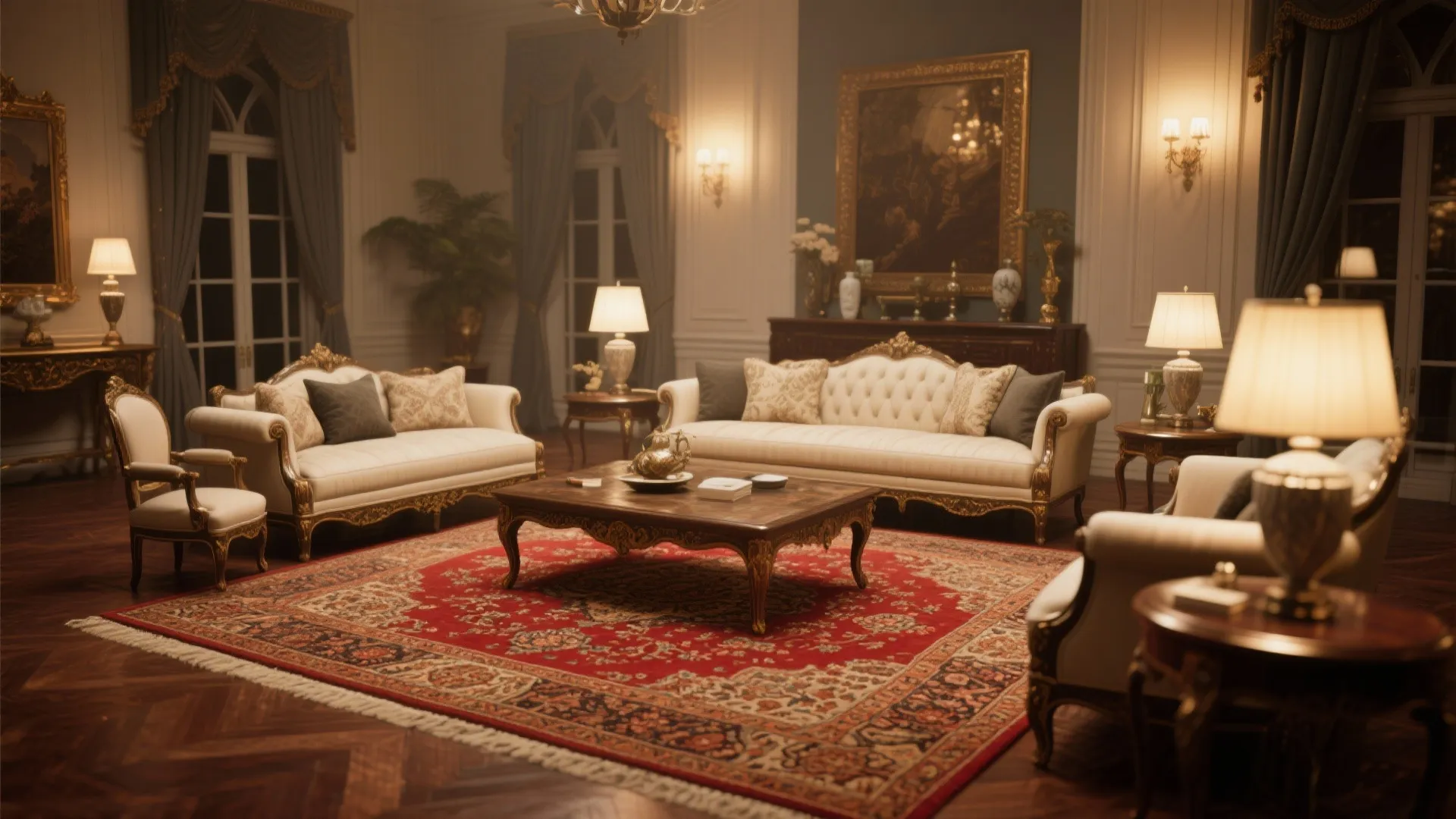 Traditional living room featuring large red patterned rug white sofas gold trim and light fixtures