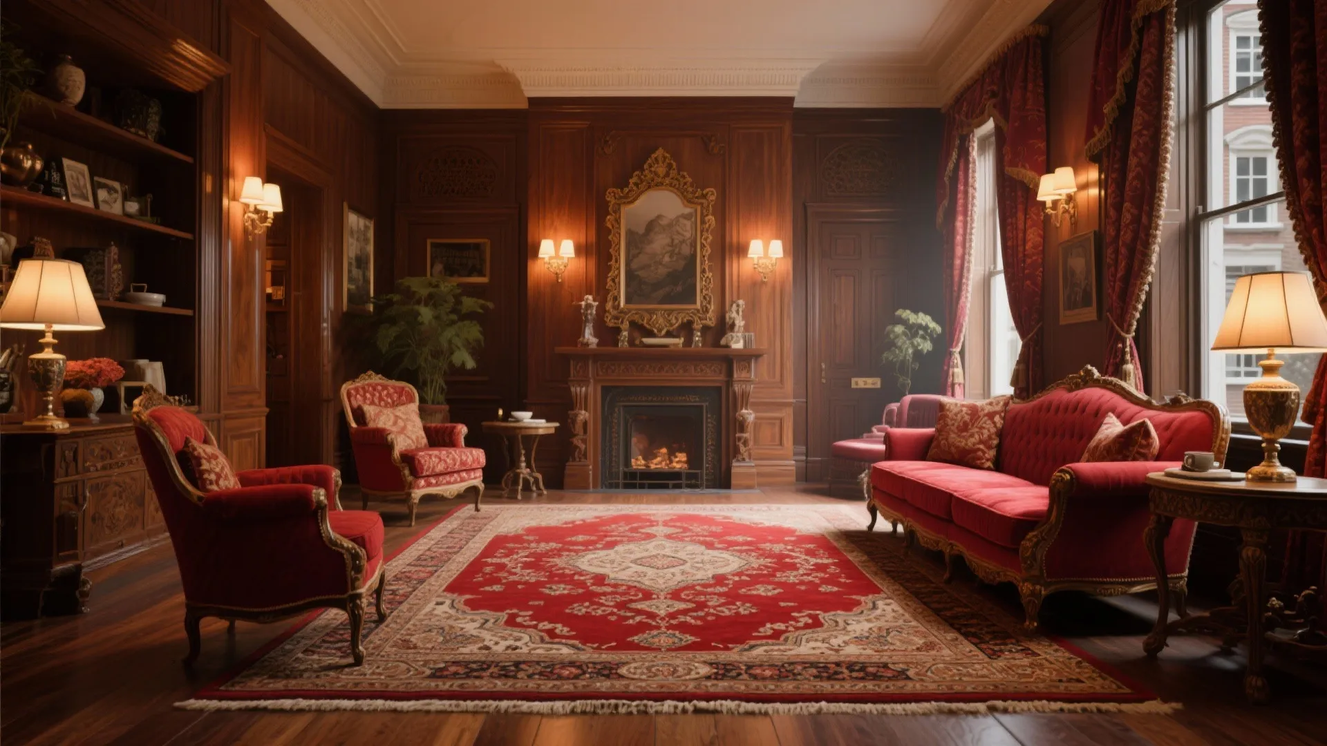 Classic living room with wood wall panels red sofa fireplace and a large red rug