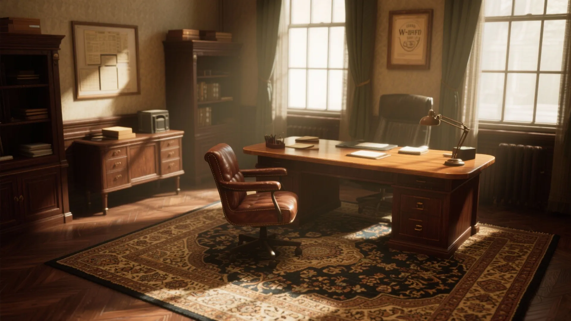 Classic home office with a large wooden desk brown leather chair and patterned floor rug