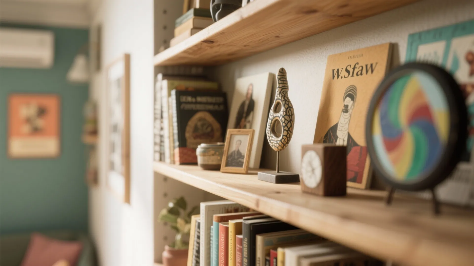 Close-up of shelves displaying personal accessories and mementos