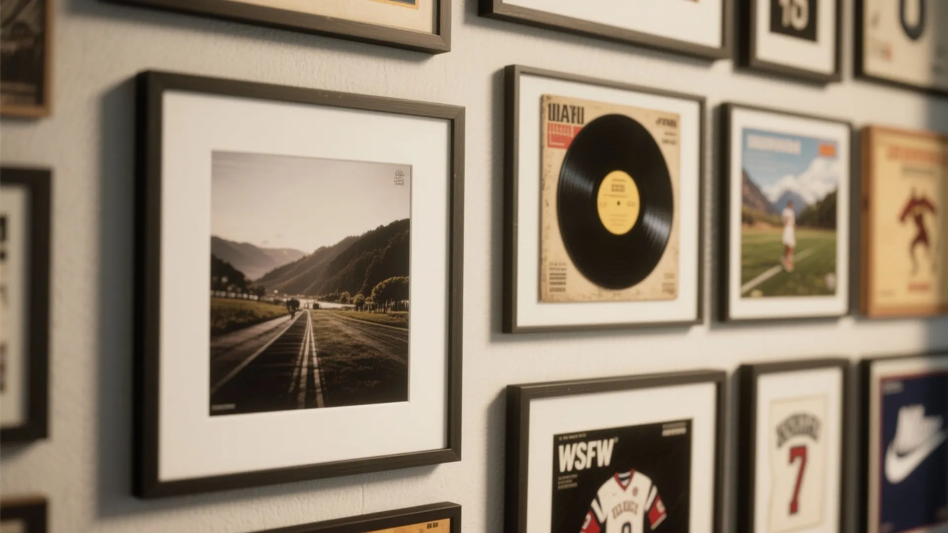 Gallery wall showing several framed pictures and music records as personal bedroom wall decor inspiration
