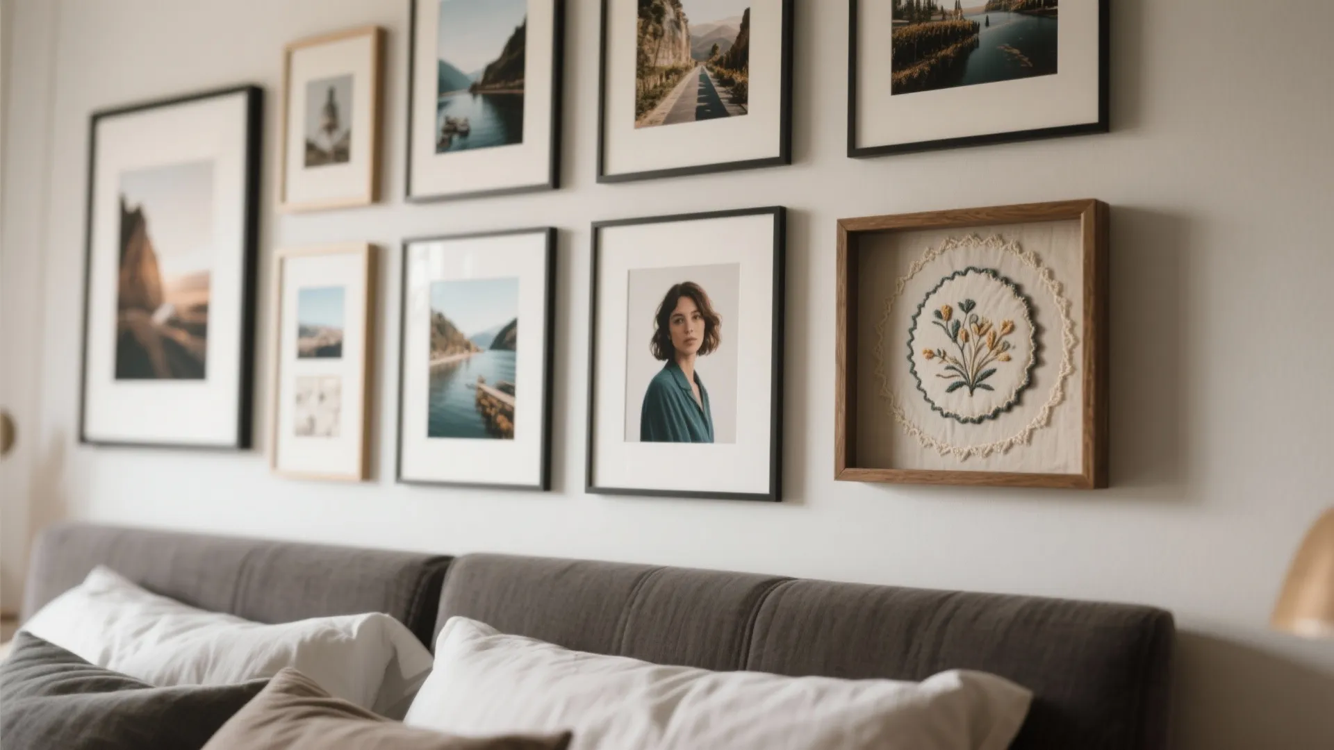 Bedroom gallery wall with multiple framed photos and art pieces hanging above grey fabric headboard