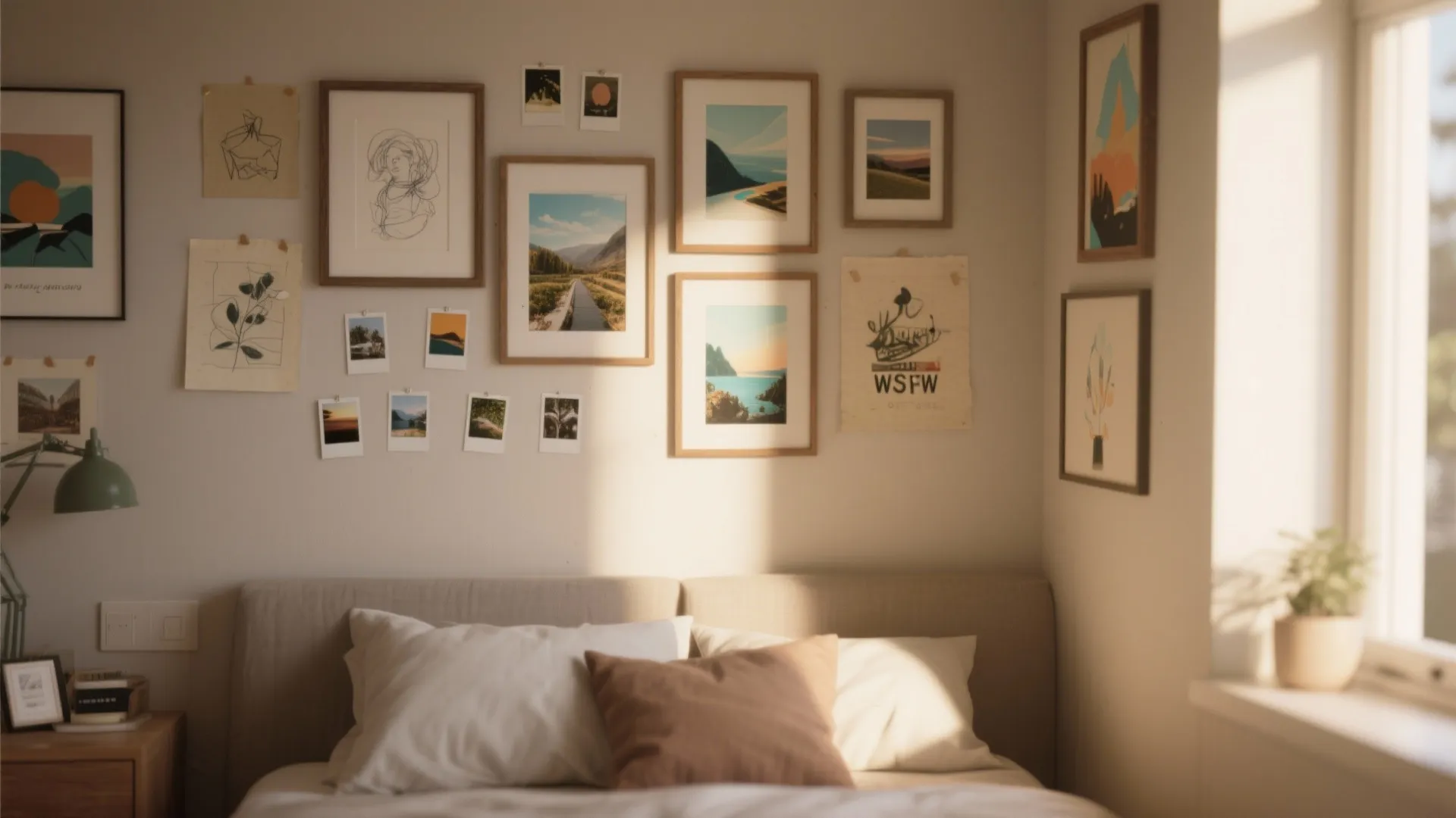 Cozy bedroom featuring a gallery wall with various small pictures sketches and natural window sunlight