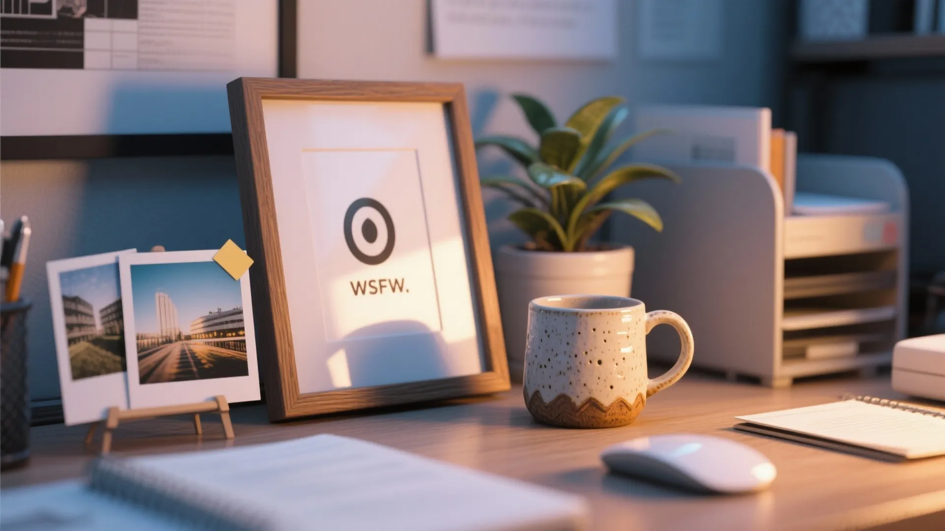 Close up of a wooden desk with a picture frame coffee mug small plant and photos
