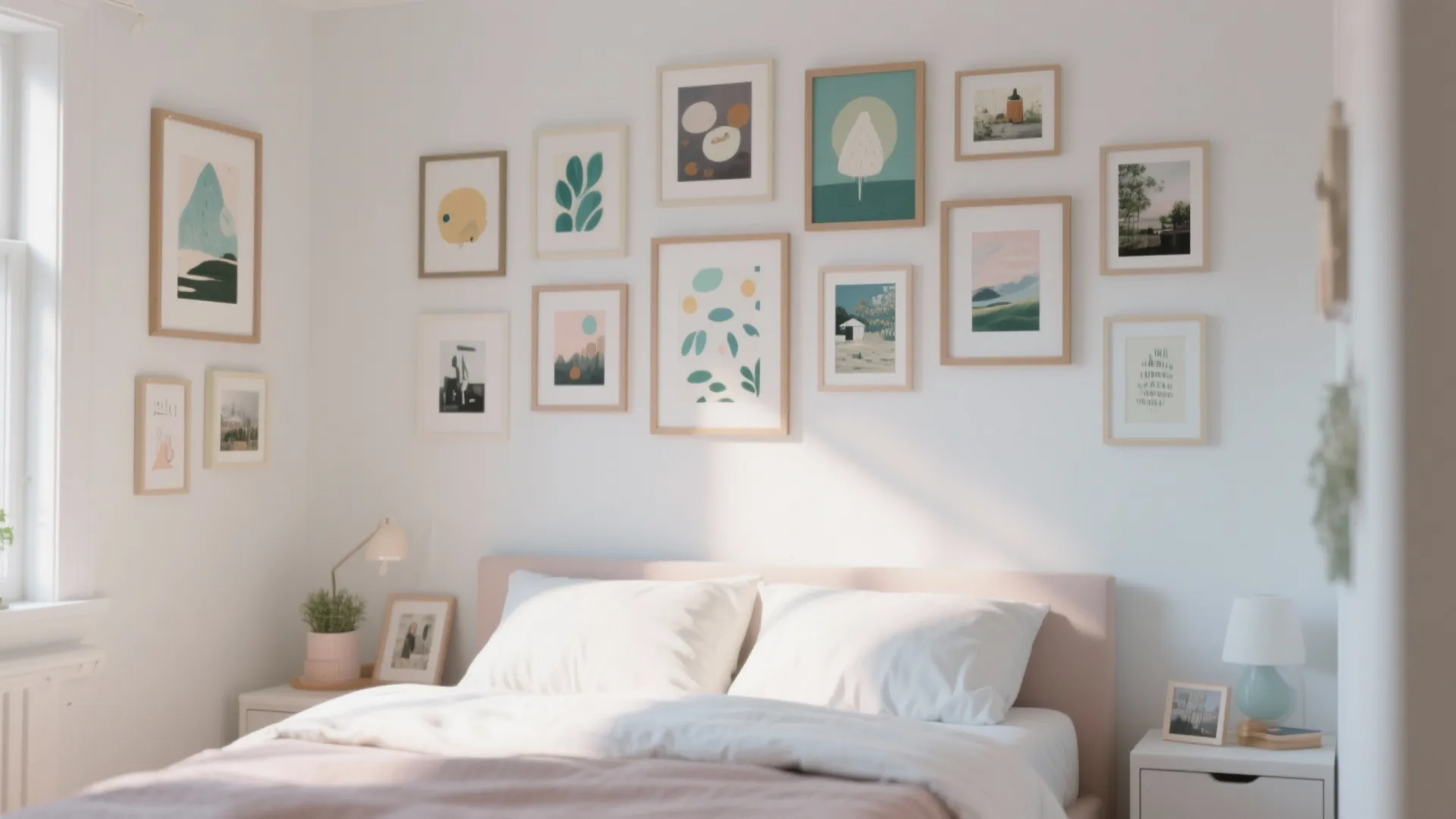 Bright bedroom with a gallery wall of framed colorful artwork above a white bed with pillows