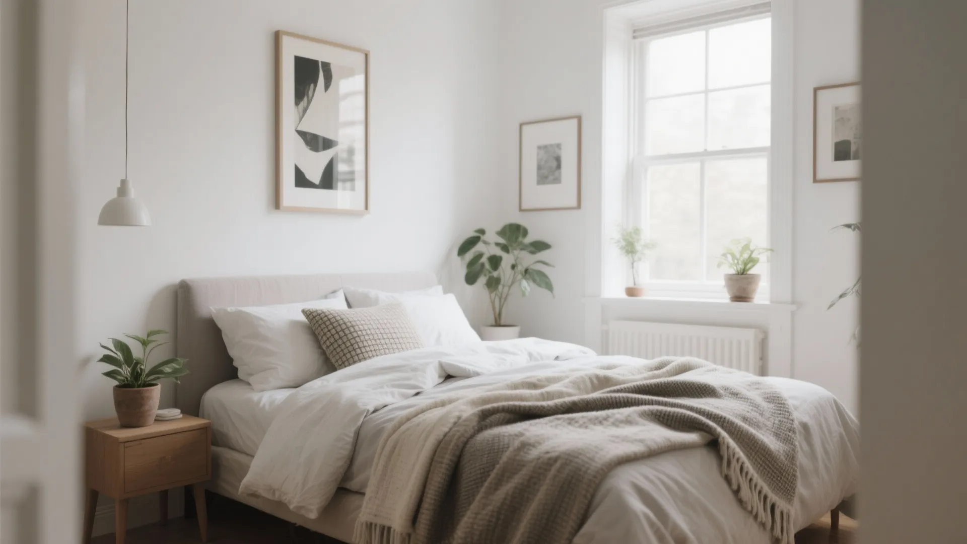 Minimalist bedroom with white walls and green plants on a nightstand and a bright window