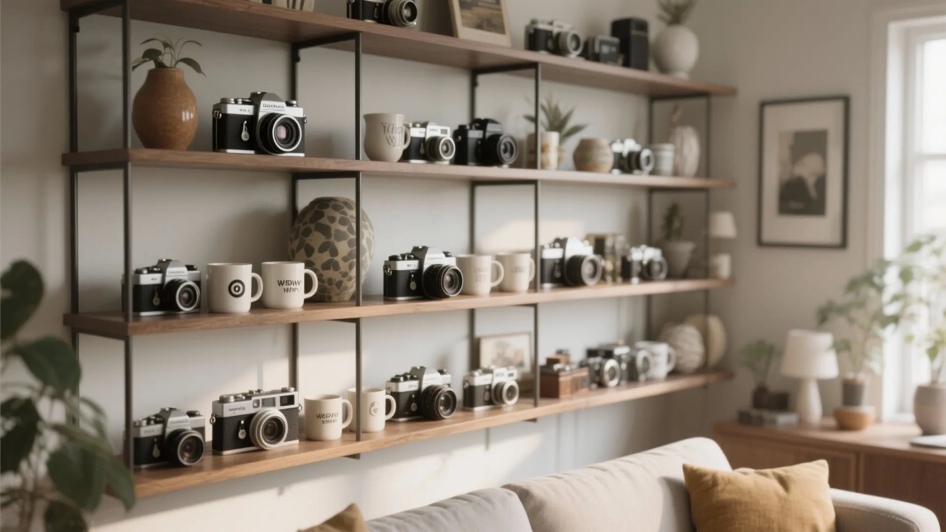 Wall mounted wooden shelves displaying vintage cameras and white mugs in a modern living room