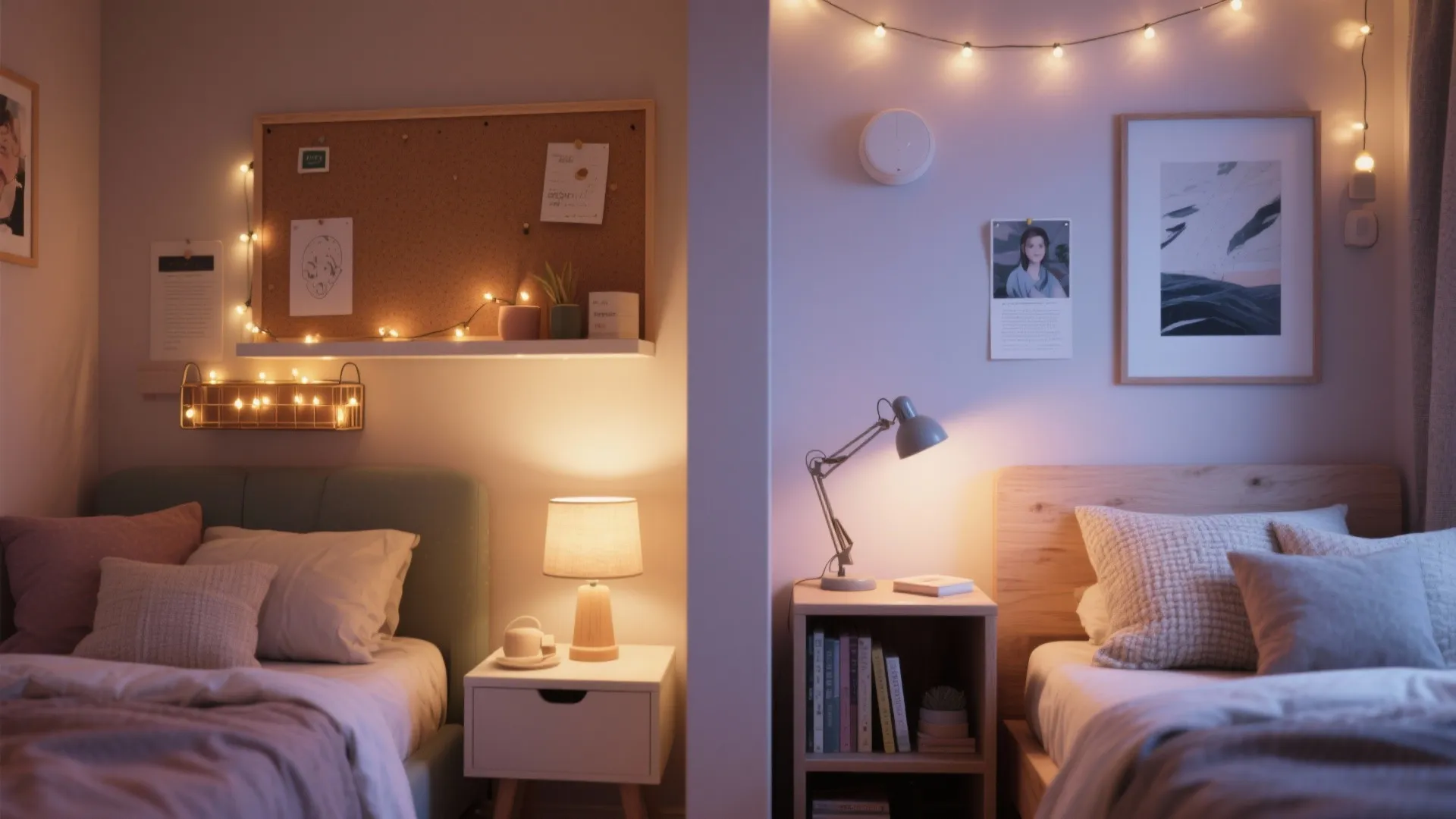 Close-up of two personal corners in a shared kids' room with pinboard, bedside caddy, task lamp and fairy lights.