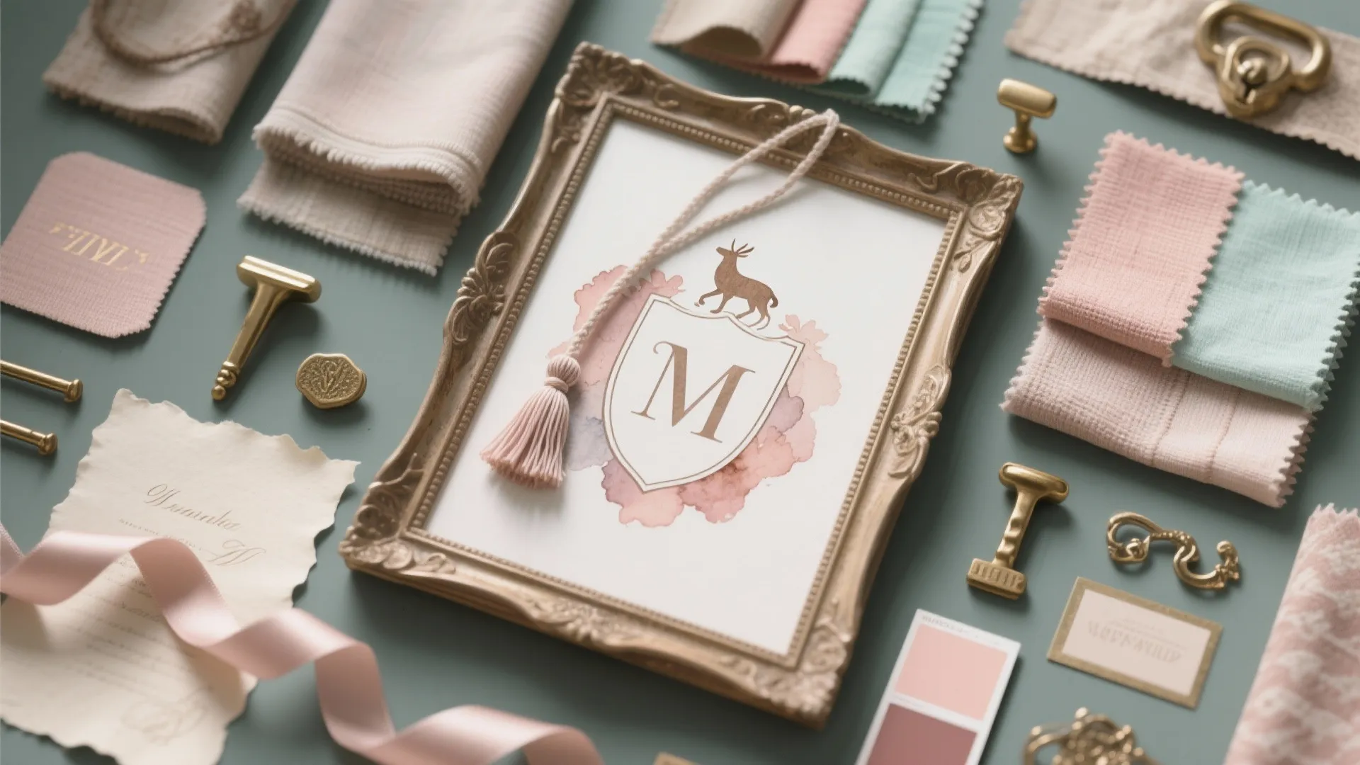Flatlay of a watercolor crest, tassels, fabric swatches and vintage frames for subtle Hogwarts nods.