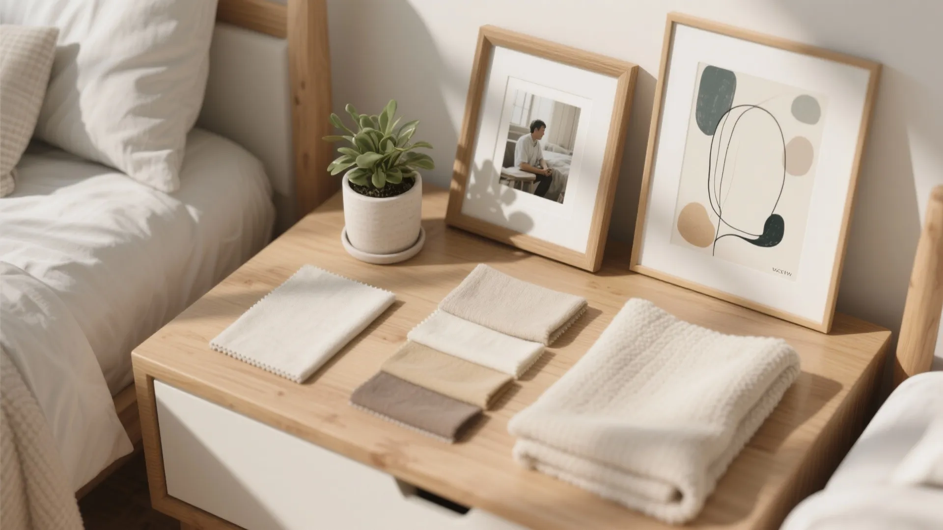 Flatlay of personal decor for bedroom including photo and plant